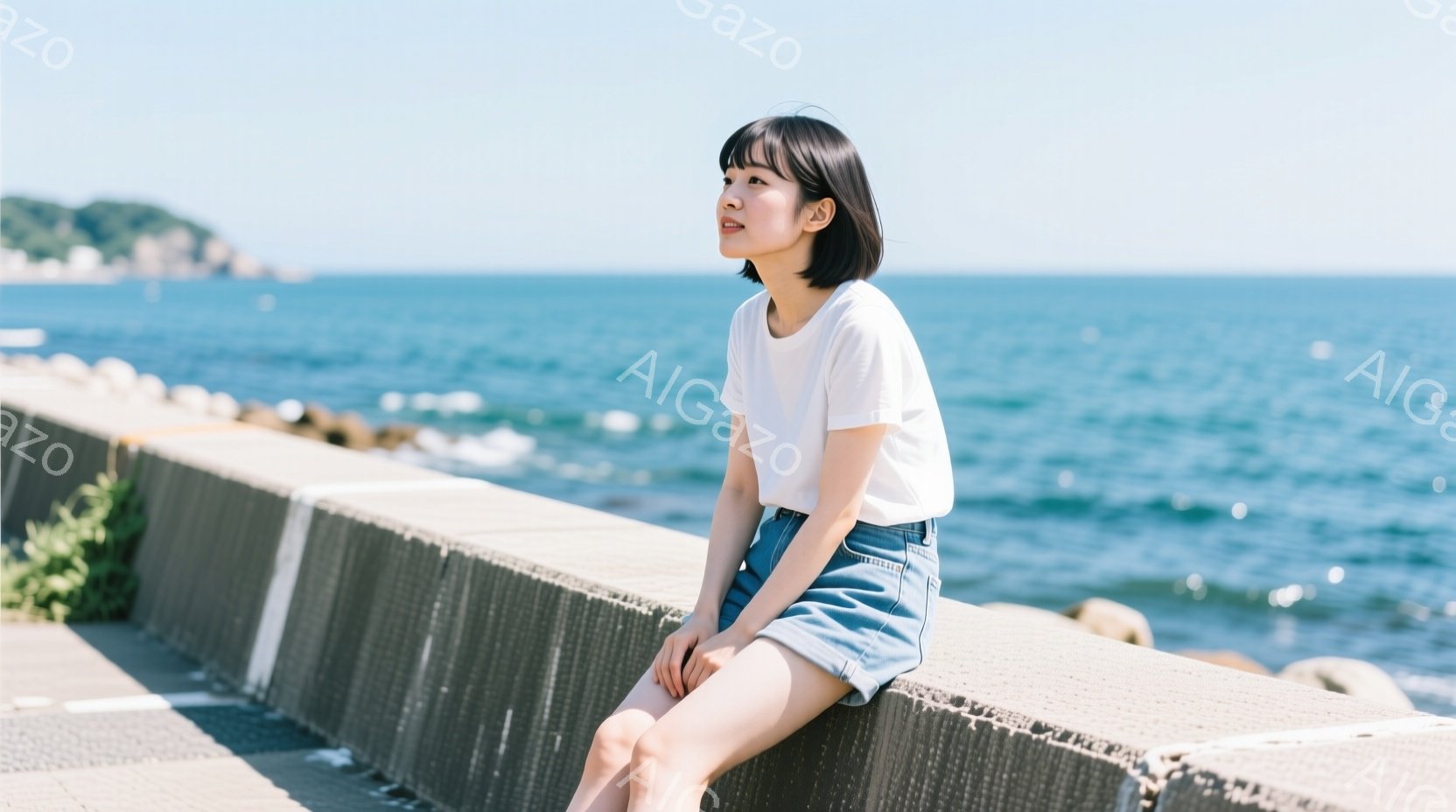 短い黒髪の女性が、コンクリートの防波堤に座って海を眺めている。白いTシャツとデニムのショートパンツというカジュアルな服装で、リラックスした雰囲気が漂っている。背景には青い海と遠くの山の景色が広がり、晴天の下、穏やかな時間が流れているようだ。