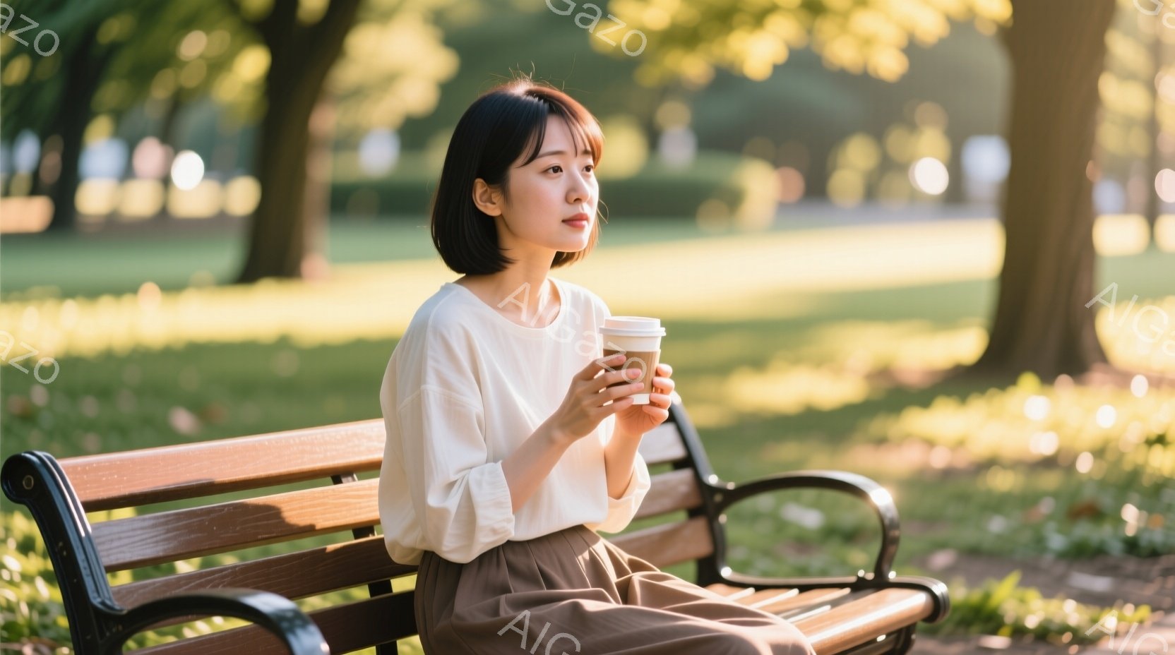 公園のベンチに座る若い女性が写っている。ベージュ色のゆったりとしたパンツと白いブラウスを着ており、ダークブラウンのショートボブヘアは肩にかかっている。彼女はカップに入った飲み物を持ち、どこかを見つめ、 - AI生成フリー素材