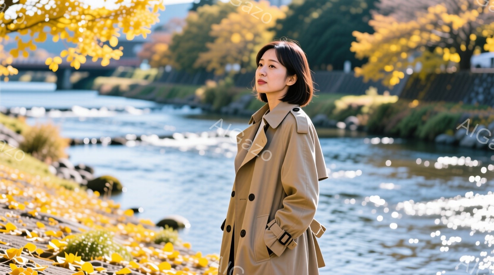 女性はベージュ色のトレンチコートを着用し、短いダークブラウンのヘアスタイルで、わずかに横を向いて何かを見つめています。彼女は川沿いの遊歩道を歩いており、背景には水面がキラキラと輝く川と、黄葉した木々が - AI生成フリー素材