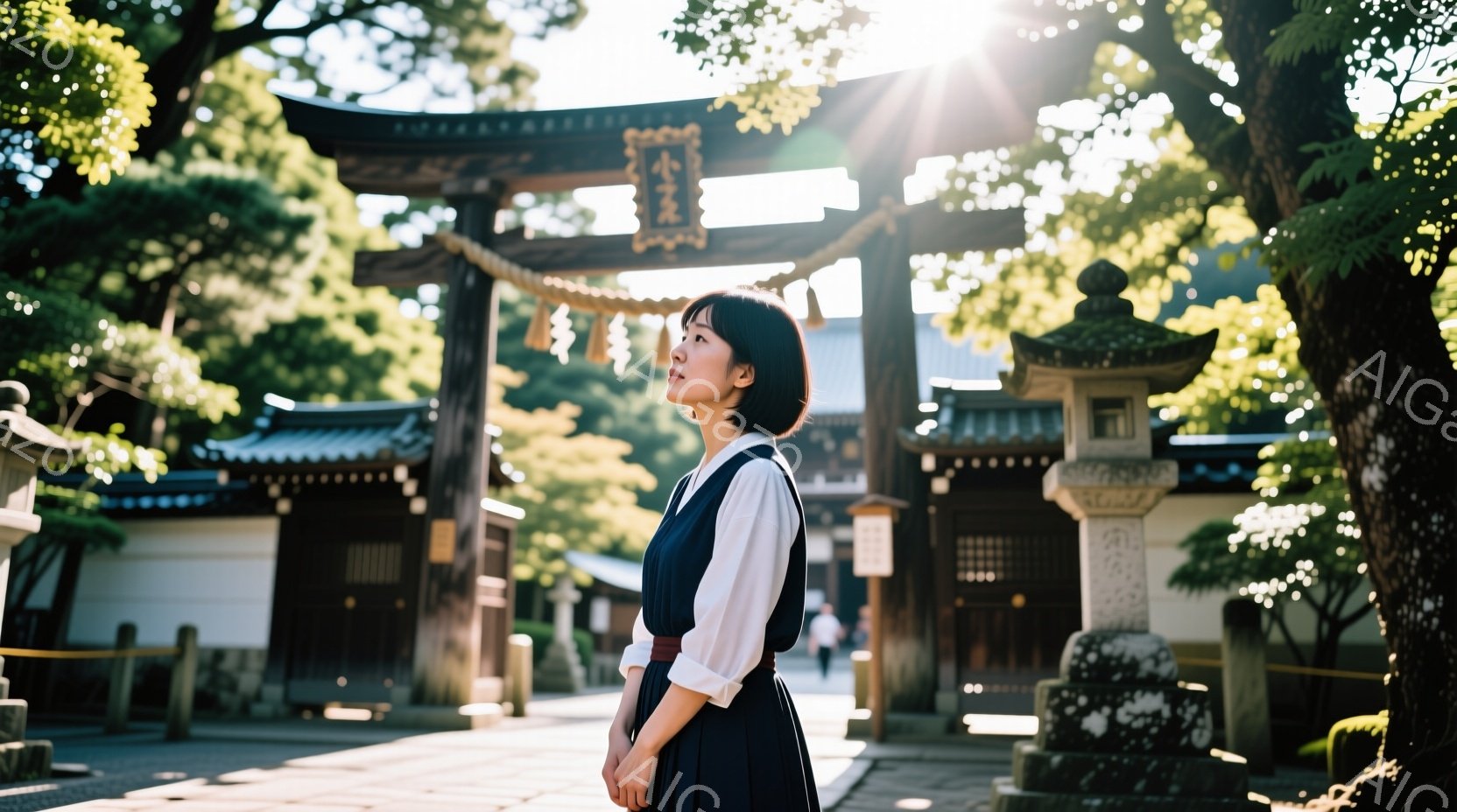 黒いワンピースに赤いリボンを締めた若い女性が、寺院の参道で横を向いて立っている。彼女は短い黒髪で、少し物憂げな表情をしている。背景には木造の寺院建築と緑豊かな木々が見え、柔らかな日差しが降り注ぎ、静か - AI生成フリー素材