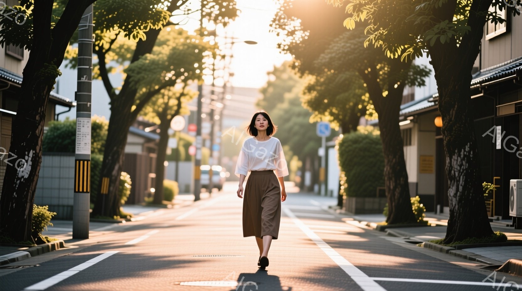 画像には、白シャツとミディアム丈のキャメル色のスカートを身につけた女性が、住宅街の道路を歩いている様子が写っています。彼女はストレートヘアで、表情は穏やかで落ち着いています。背景には、両側に立ち並ぶ建物と木々があり、夕暮れ時の柔らかな光が道路に差し込み、静かで平和な雰囲気を醸し出しています。