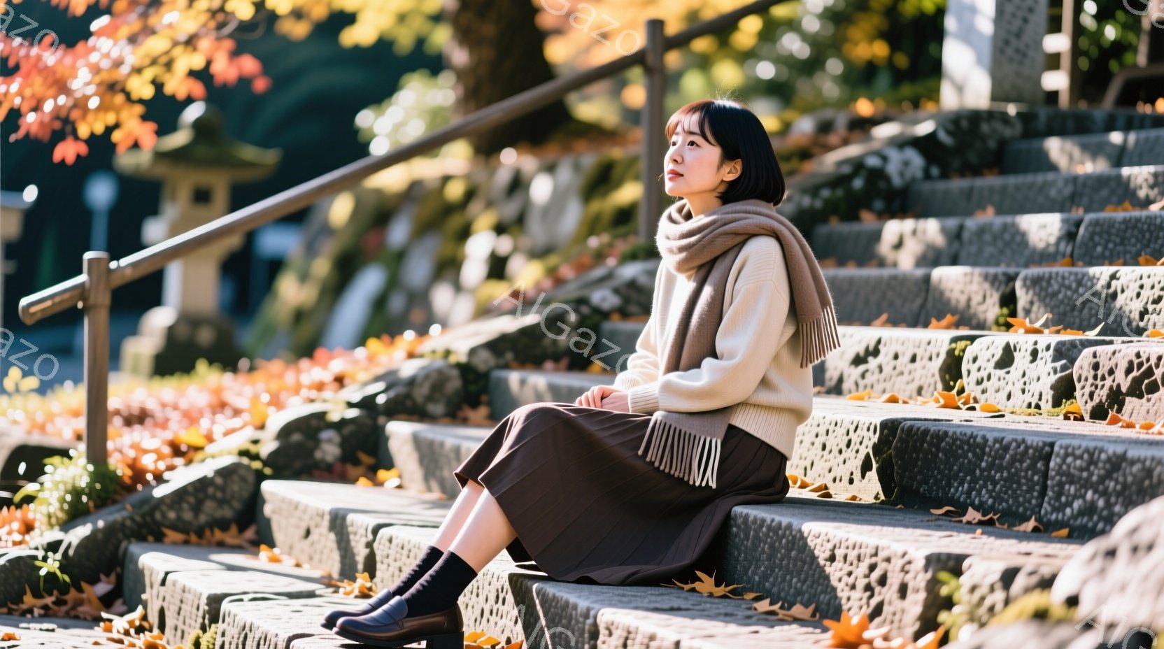 画像には、石段に座る若い女性が写っています。彼女はオフホワイトのセーター、茶色のプリーツスカート、黒い靴下とブーツを着用し、首にクリーム色のスカーフを巻いています。背景には紅葉の葉が散りばめられた石段と、ぼんやりと見える建物があり、秋の穏やかな雰囲気が漂っています。