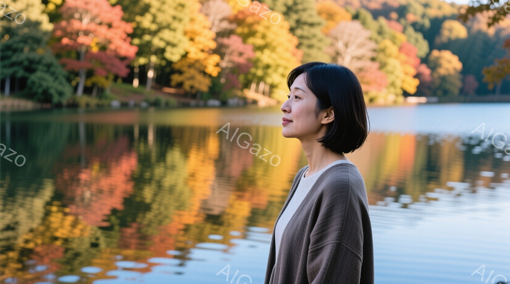 ショートヘアの女性が湖を背景に横を向いて立っている。ベージュのカーディガンと白いインナーを着ており、穏やかな表情で遠くを見つめている。背景には鮮やかな紅葉の木々と、水面に反射する景色が広がっており、静かで落ち着いた雰囲気が漂っている。