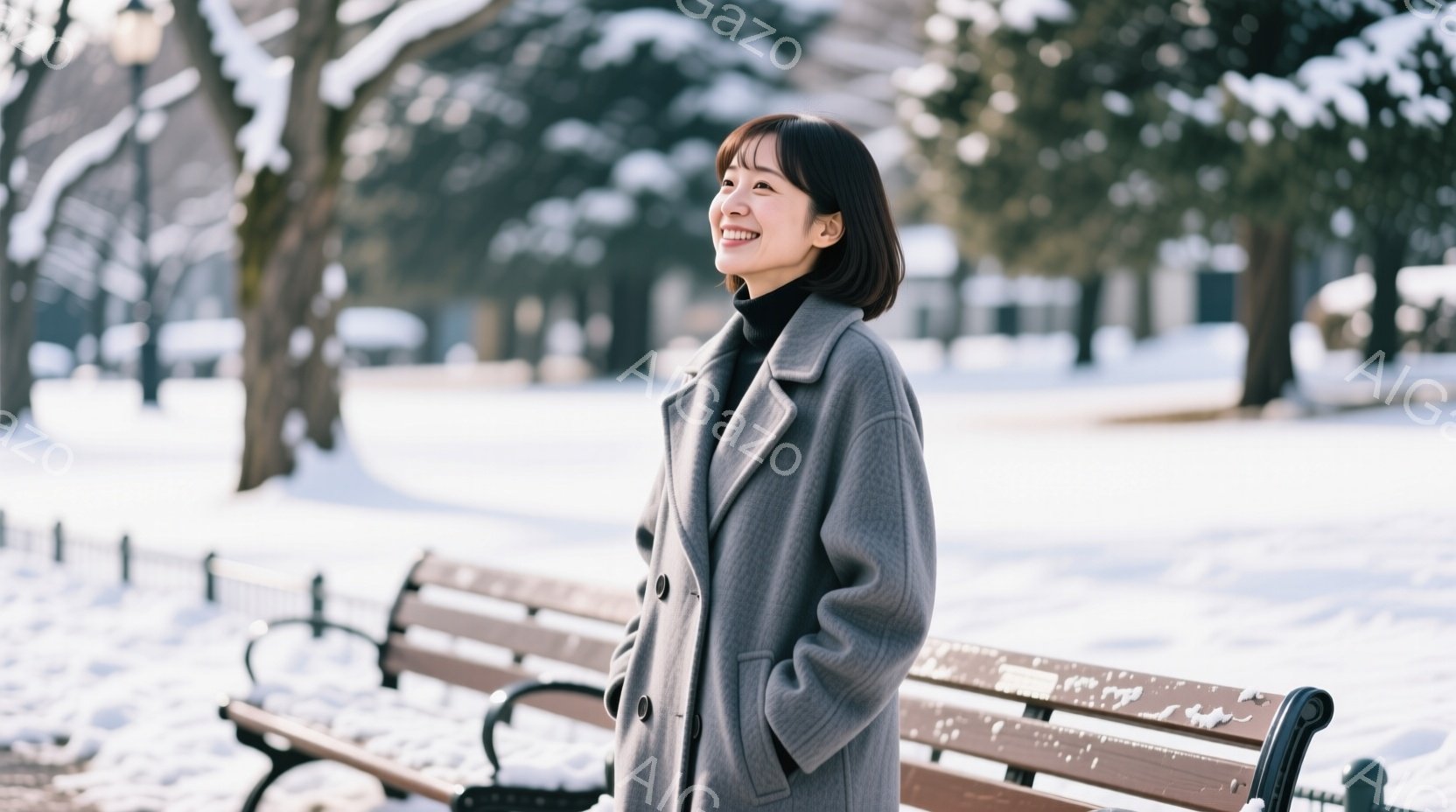 灰色のコートを着た若い女性が、雪景色の中に立っている。彼女は少し上を見上げて微笑んでおり、黒い髪は肩のあたりで切り揃えられている。背景には雪で覆われた木々とベンチが見え、全体的に穏やかで静謐な冬の雰囲気が漂っている。