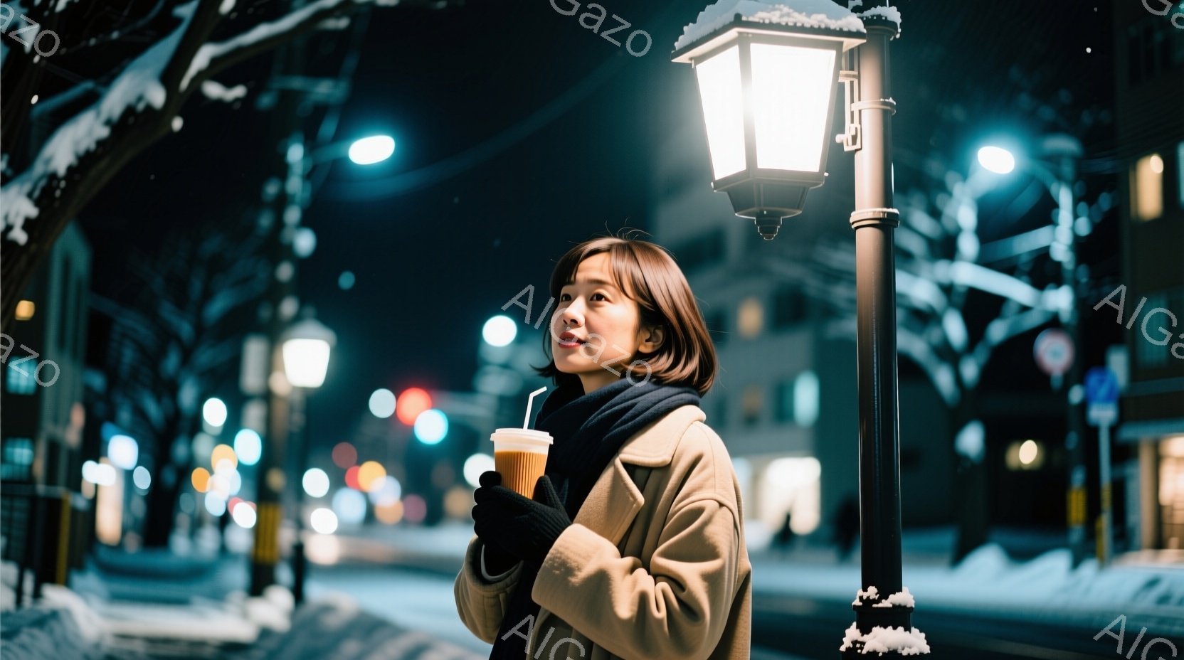 画像には、コートを着て手袋をはめ、飲み物を手に持った女性が写っています。彼女は少し上を見上げ、穏やかな表情を浮かべています。背景は夜の街並みで、雪が積もり、街灯が灯っています。