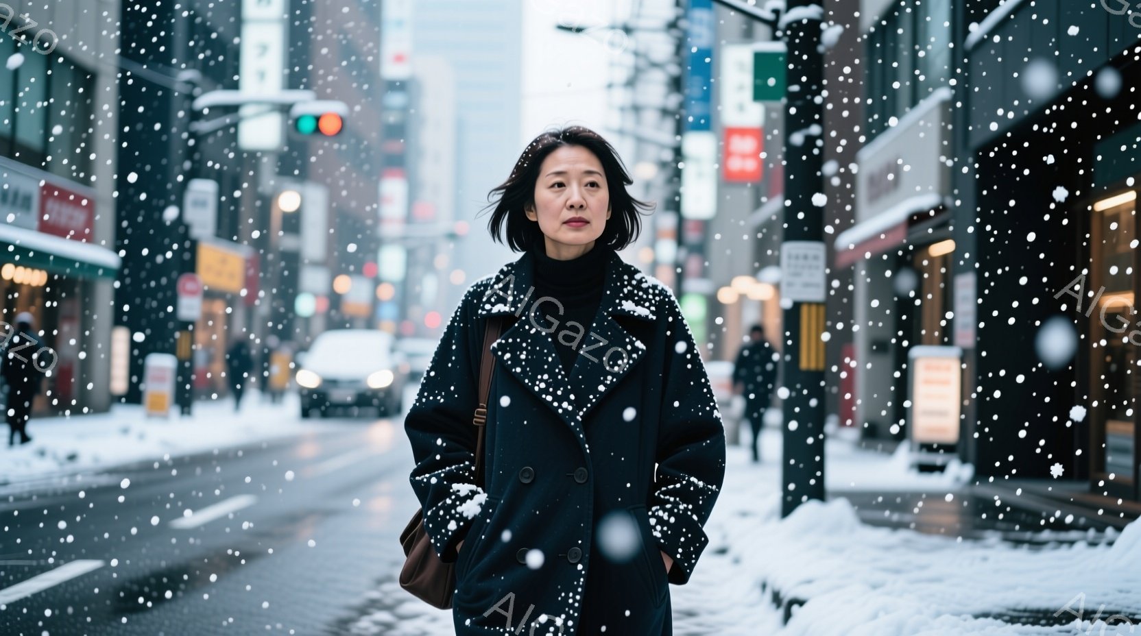 画像には、雪が降る街中に立つ女性が写っている。彼女は黒いコートに茶色のバッグをかけ、髪を耳にかけるようにまとめており、表情は穏やかで少し憂いを含んでいる。背景には、雪で覆われた道路と建物がぼやけ、冬の静かで冷たい雰囲気を醸し出している。