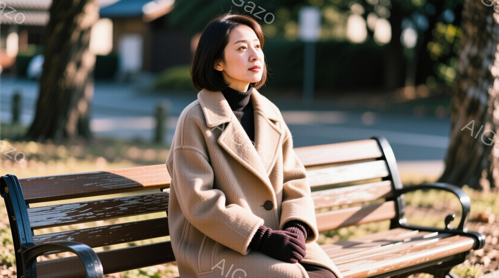 長いボブヘアの女性が公園のベンチに座っており、ベージュ色のコートと黒いタートルネックセーターを着ています。彼女は少し上を見つめ、物思いにふけるような表情をしています。背景には木々と建物が見え、穏やかな日差しが降り注ぎ、静かで落ち着いた雰囲気が漂っています。