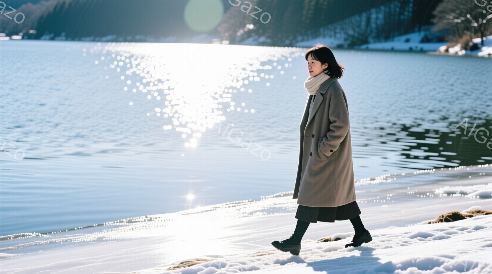 長いグレーのコートを羽織った女性が、雪の上に歩いています。彼女は黒いタイツとブーツを履き、髪を耳にかけると、穏やかな表情で湖を見つめています。背景には穏やかな湖と、木々に覆われた山々が広がり、冬の静寂で穏やかな雰囲気が漂っています。