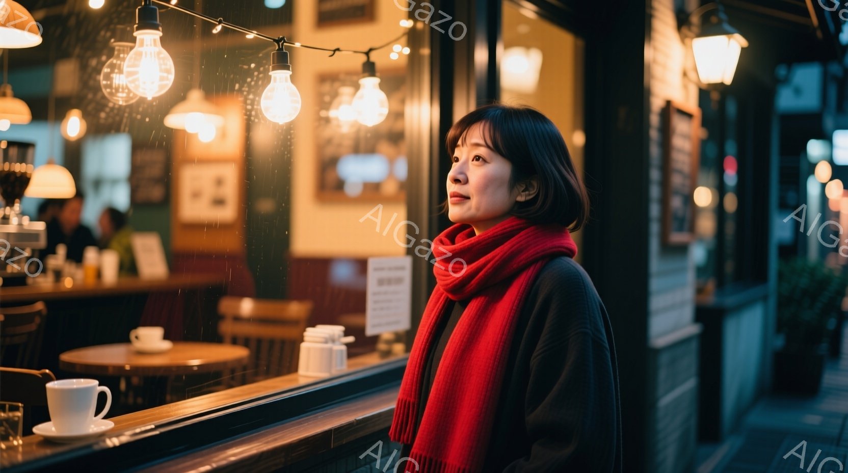 暖炉のような温かい光が差し込むカフェの窓辺に、赤いマフラーを巻いた女性が立っている。彼女は黒いセーターを着ており、少し物憂げな表情で外を見つめている。背景にはぼやけたカフェの内部と、雨が降る夜の通りが見え、全体的に静かで落ち着いた雰囲気が漂っている。