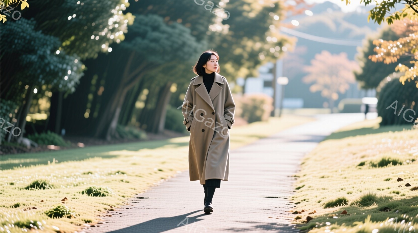 長いキャメル色のコートを着た女性が、並木道の真ん中を歩いている。彼女は黒い服とブーツを履き、髪は後ろでシンプルにまとめている。太陽の光が木々の間から差し込み、地面に影を作り出し、全体的に穏やかで落ち着いた雰囲気が漂っている。