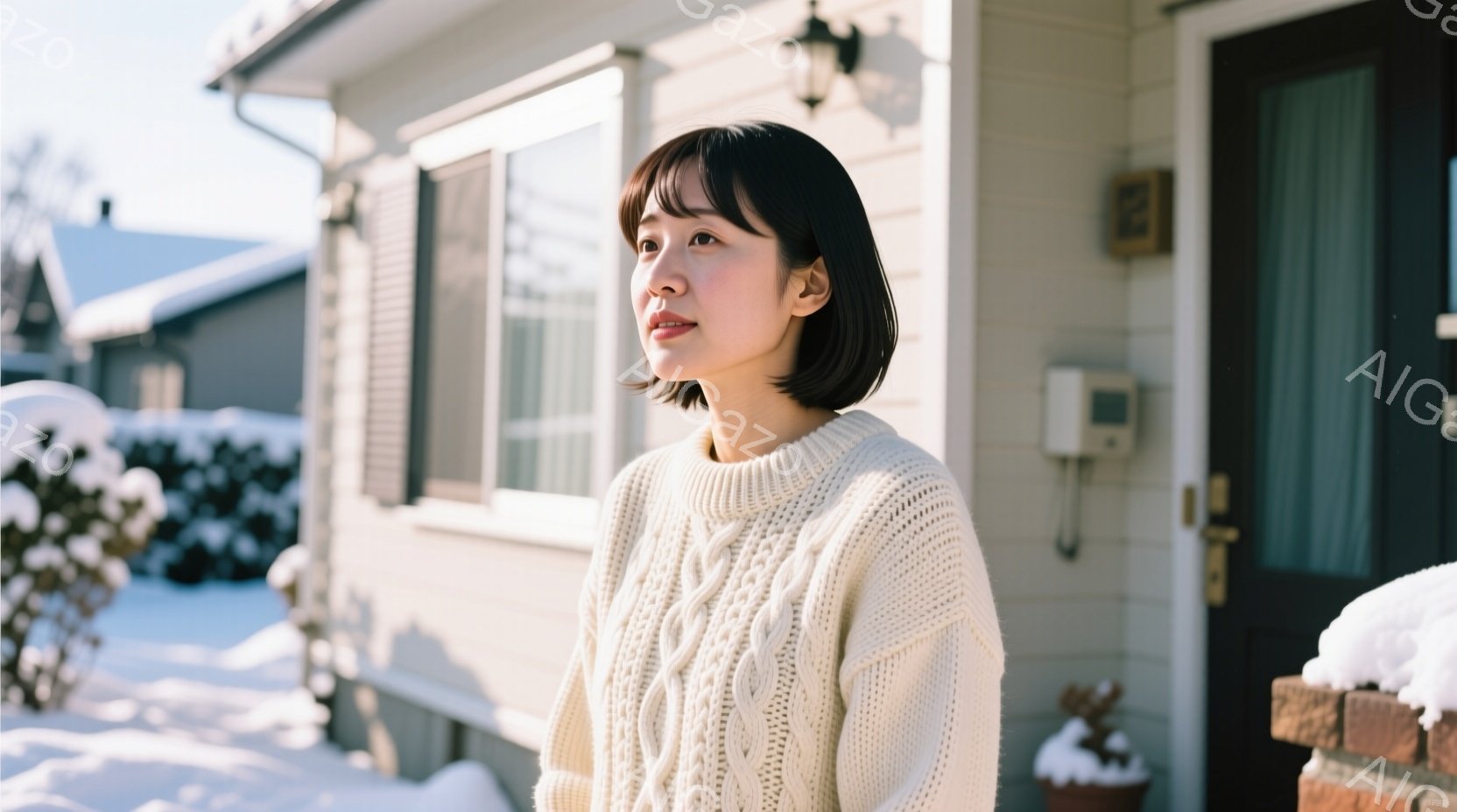 若い女性が白いケーブルニットセーターを着て、雪景色の中で少し上を見ている。彼女はダークカラーのショートボブヘアで、穏やかで物憂げな表情をしている。背景には、雪で覆われた庭とクリーム色の家が見え、冬の静かで穏やかな雰囲気を醸し出している。