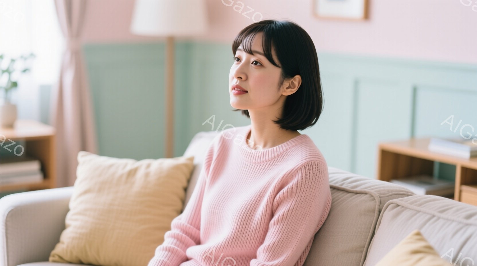 明るいピンク色のセーターを着た若い女性が、クリーム色のソファに座って右方向を見つめている。彼女は短い黒髪で、穏やかな表情を浮かべており、リラックスした雰囲気が漂っている。背景には薄い緑色の壁と木製の棚があり、部屋全体が柔らかく温かい雰囲気である。