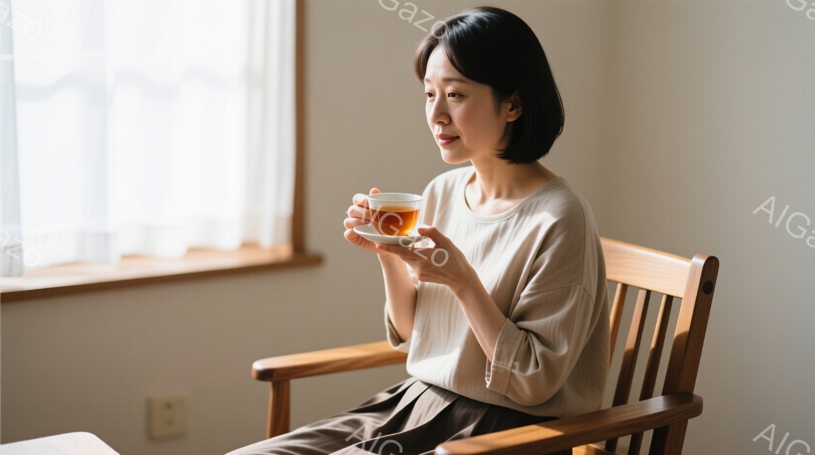 女性は窓際の木製の椅子に座り、湯呑みを手に持っている。オフホワイトのゆったりとしたトップスと、落ち着いた色合いのスカートを身に着け、ショートヘアを無造作に整えている。柔らかい光が差し込む室内で、穏やか - AI生成フリー素材