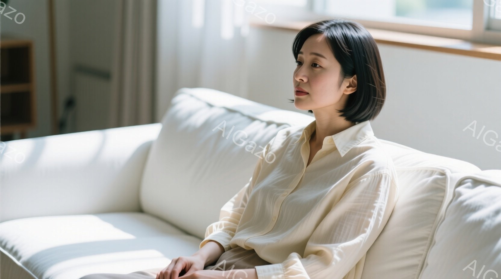 明るい部屋の白いソファに座る女性が写っている。ベージュ色のシャツを着ており、黒髪のショートヘアで、少し物憂げな表情をしている。背景には窓があり、柔らかい自然光が差し込み、全体的に穏やかでリラックスした雰囲気を醸し出している。
