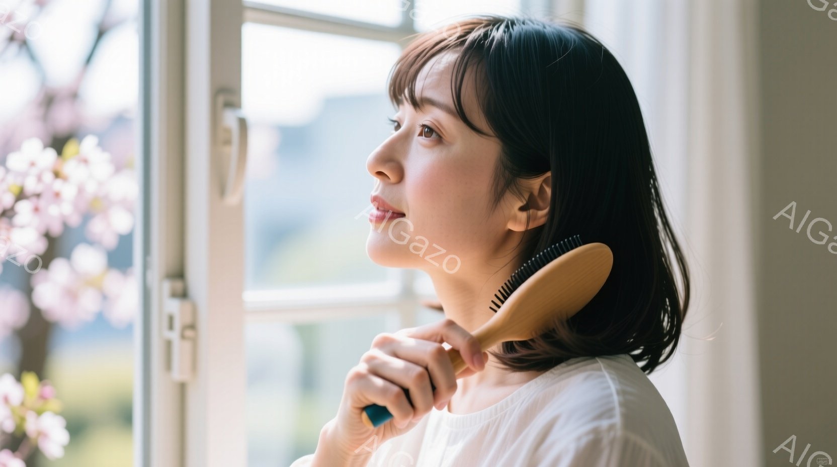 明るい窓辺に立つ女性が写っている。白いブラウスを着て、短めの黒髪を梳かしている様子が捉えられ、少し微笑んでいる表情からは穏やかな雰囲気が伝わる。背景には桜の木が咲き乱れ、ぼんやりと建物が見えることから、春の穏やかな日中の光景であることがわかる。