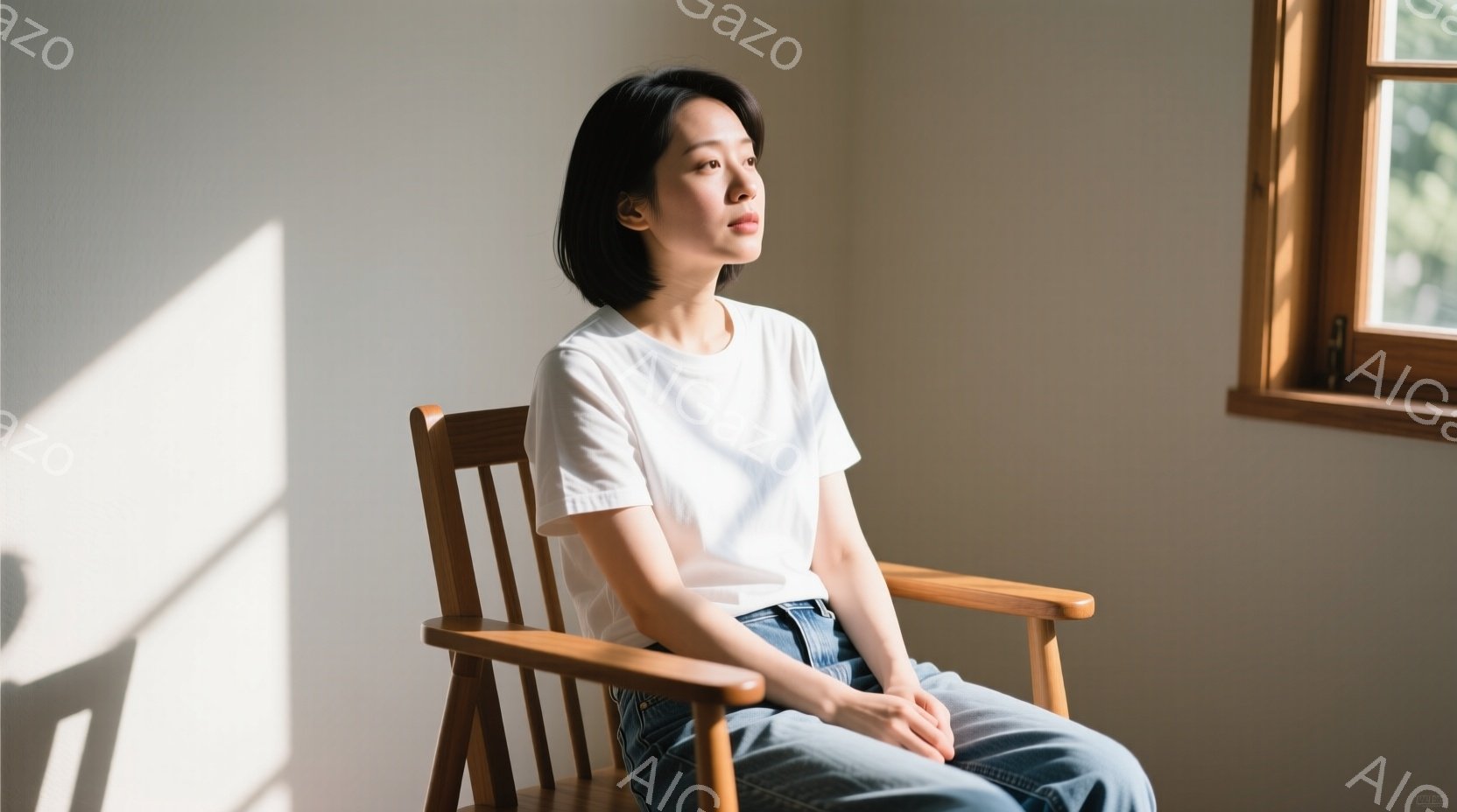 浅いベージュ色の壁の部屋で、女性が木のロッキングチェアに座っています。彼女は白いTシャツとデニムのズボンを着ており、黒髪を肩の長さでカットしています。彼女はわずかに横を向き、どこか遠くを見つめるように穏やかな表情をしています。