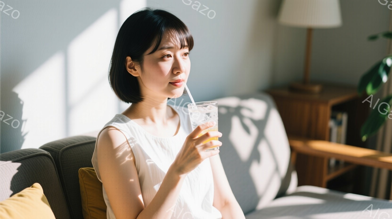白いブラウスを着た若い女性が、ソファに座ってオレンジジュースを飲む姿が写っている。彼女は短めの黒髪で、少し微笑んでいるように見える。背景には木製の家具や観葉植物が見え、部屋全体が明るく穏やかな雰囲気である。