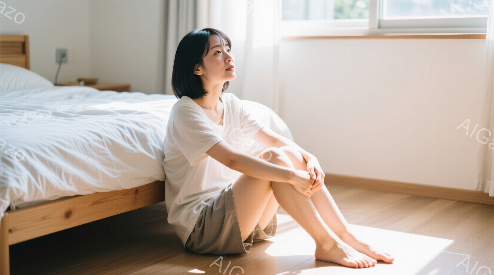 白いTシャツとグレーのショートパンツを着た女性が、木の床に座って膝を抱えています。彼女は黒髪で、少し内を向いた視線で何かを考えているようです。背景には白いベッドと窓から差し込む光があり、全体的に穏やかで静かな雰囲気が漂っています。