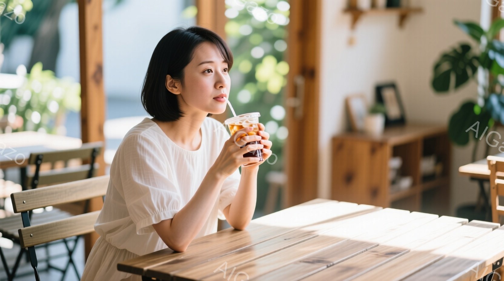 短い髪の女性がカフェで飲み物を楽しんでいます。白いゆったりとしたワンピースを着て、リラックスした表情で、少し横を向いています。木製のテーブルと椅子、そして背景には植物が見え、明るく暖かい雰囲気が漂っています。