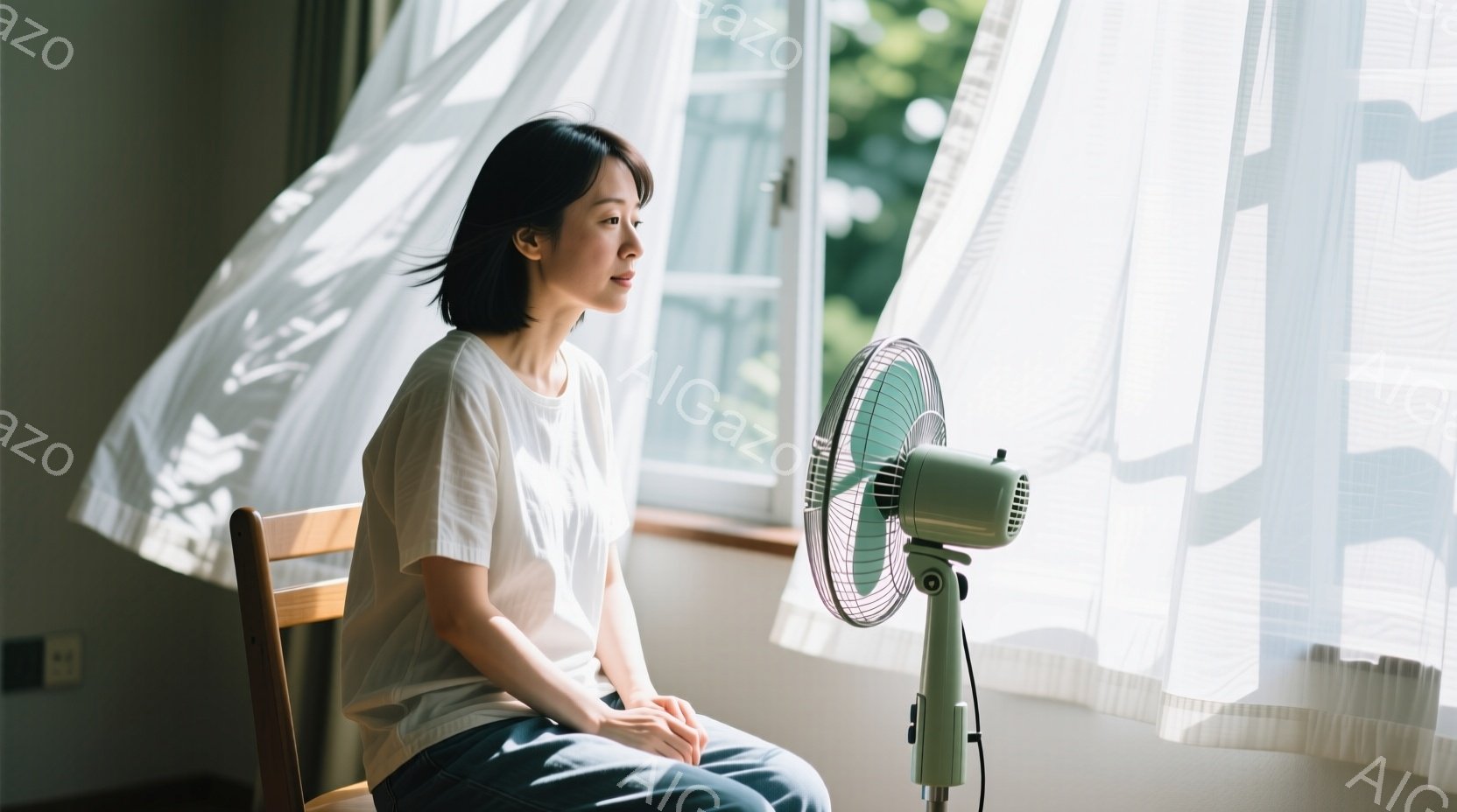 女性は椅子に座り、窓の外を見つめています。白のTシャツとジーンズを着ており、短くダークブラウンの髪をしています。窓から差し込む光が彼女を照らし、部屋には柔らかく穏やかな雰囲気があります。