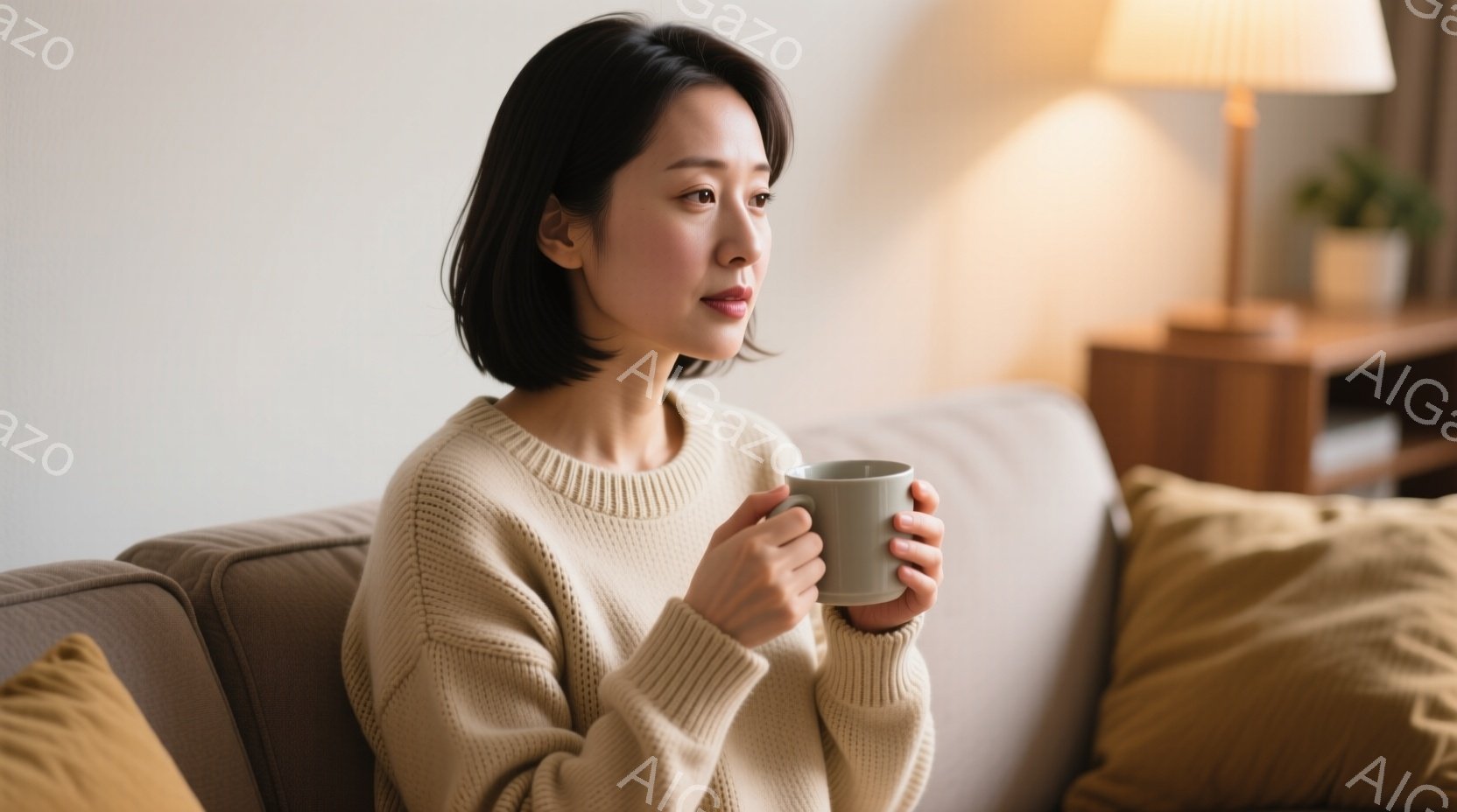 彼女はベージュのざっくりとしたニットを着て、ソファに座って温かい飲み物を手に持っています。少し横を向いて物思いにふけるような表情をしています。背景には木製のキャビネットとランプがあり、穏やかでリラックスした雰囲気が漂っています。