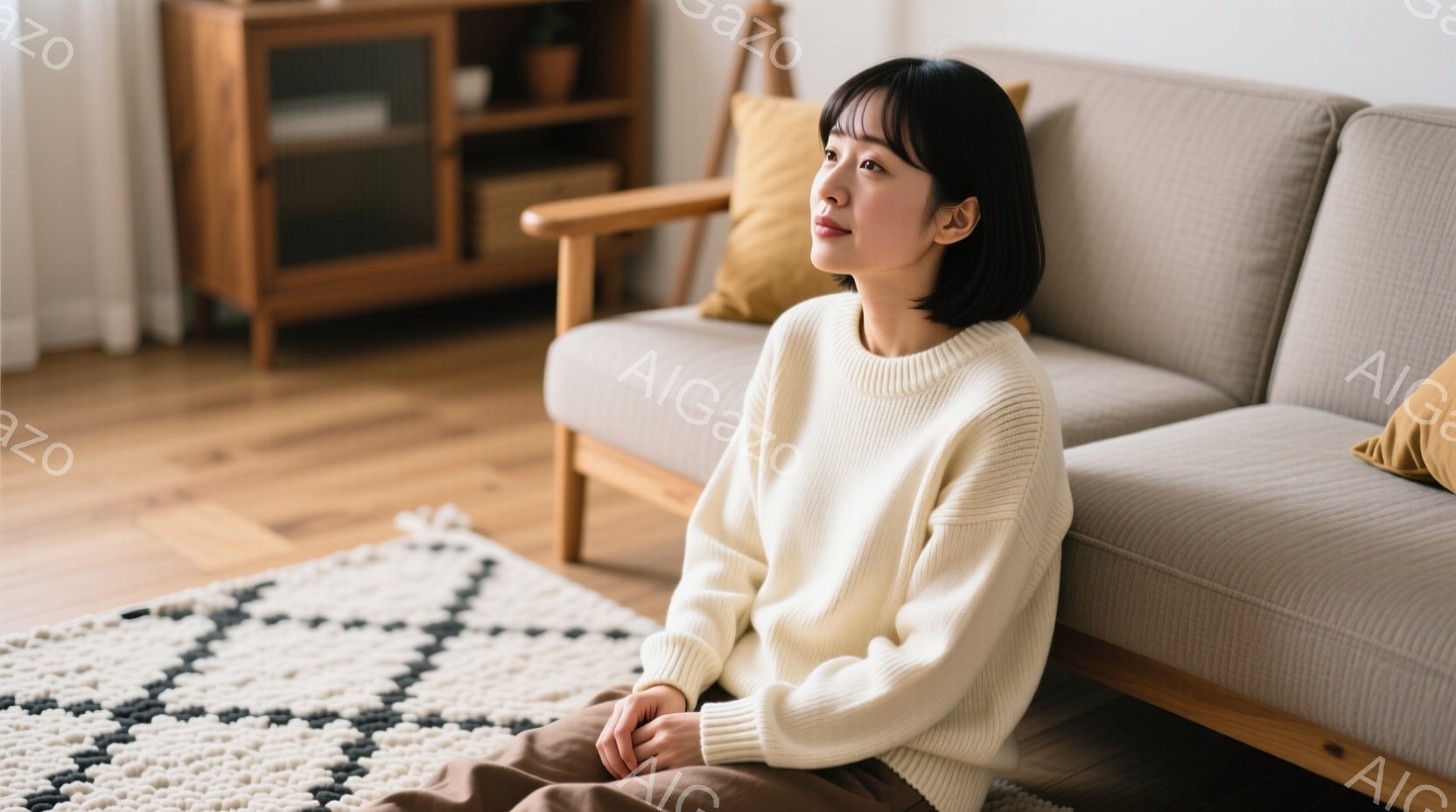 室内で、ベージュのニットセーターと茶色のパンツを着た若い女性が床に座っている。彼女は少し上を見つめ、リラックスした表情で、落ち着いた雰囲気である。背景には木製のキャビネットと、ベージュ色のソファ、そして白黒の幾何学模様のラグが広がり、温かみのあるリビングルームの様子が伺える。