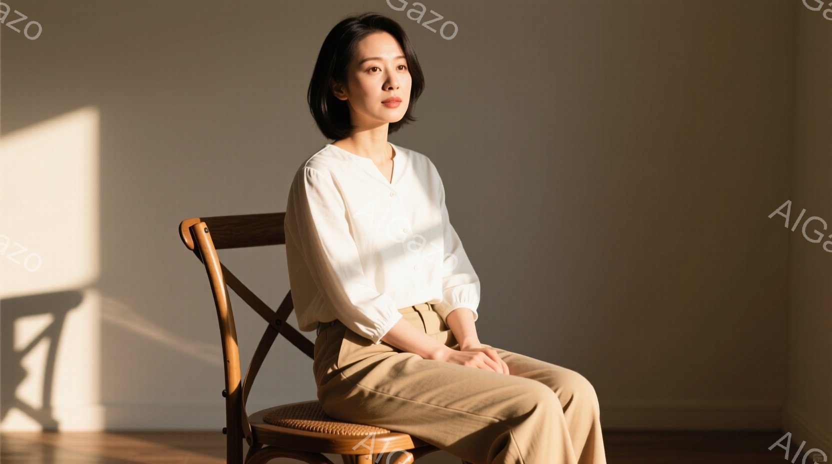 彼女はベージュのパンツとオフホワイトの長袖ブラウスを着て、籐張りの椅子に座っています。髪は肩までの長さで、軽く内側にカールしています。彼女はリラックスした表情で、わずかに横を向いており、背景には光と影のコントラストが印象的な室内空間が広がっています。