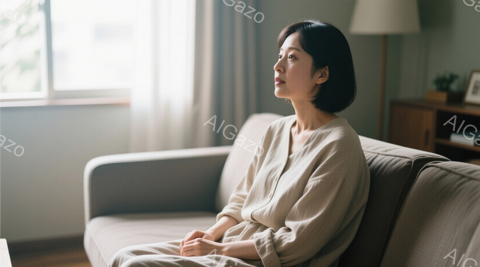浅いベージュ色のゆったりとしたシャツを着た女性が、灰色のソファに座って横を向いている。彼女は短めの黒髪で、物憂げな表情で遠くを見つめている。背景には木製のキャビネットと窓から差し込む穏やかな光があり、部屋全体が静かで落ち着いた雰囲気を醸し出している。