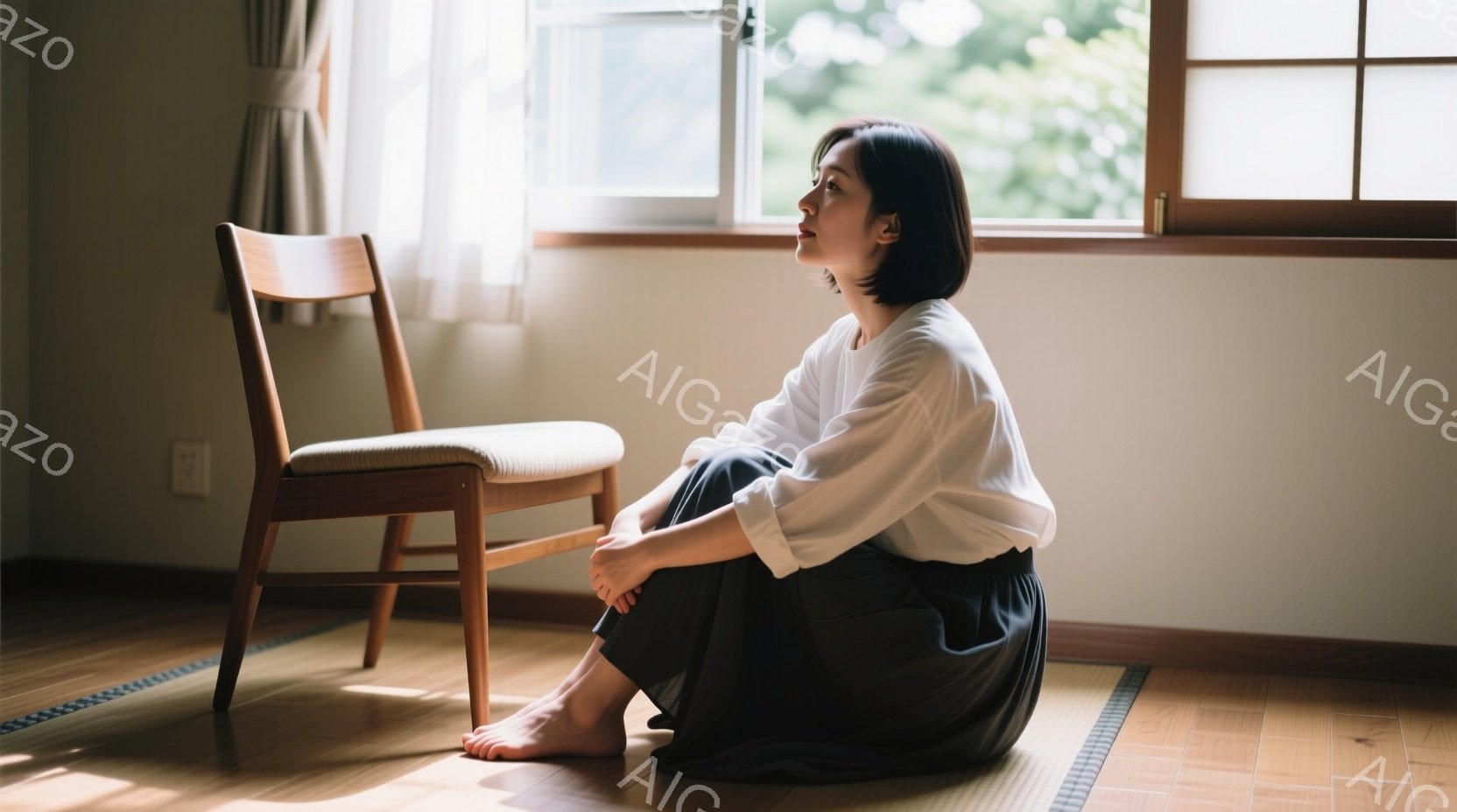 白いシャツと黒いスカートを身につけた女性が、床に座って膝を抱えています。彼女は窓から差し込む光を見つめ、物思いにふけっているような表情をしています。背景には木製の椅子が置かれ、木製の床と窓の外の緑が暖かく穏やかな雰囲気を醸し出しています。