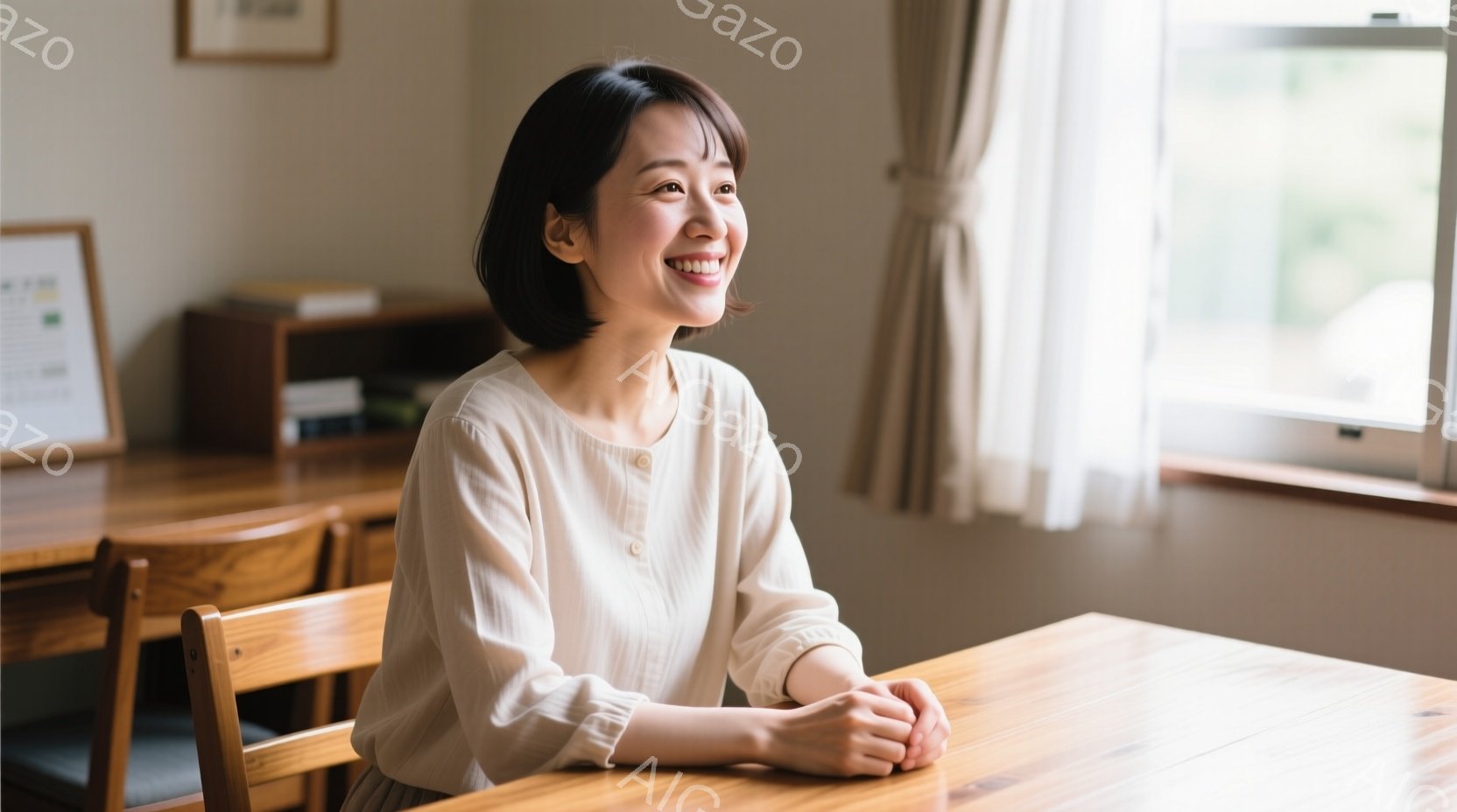 白いブラウスを着た女性が、明るい部屋で微笑んでいます。彼女は椅子に座り、両手を重ねて穏やかな表情を浮かべており、背景には木製のテーブルと窓から差し込む自然光が見えます。 全体的に、暖かく、リラックスし - AI生成フリー素材