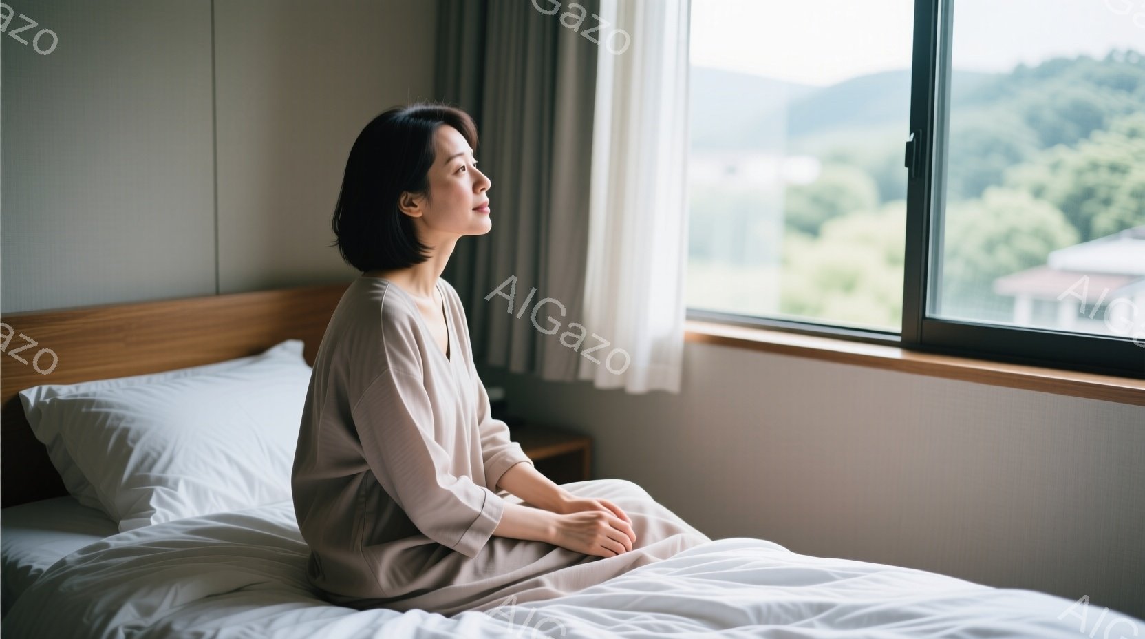 ベッドに座っている女性は、薄いベージュ色のゆったりとしたワンピースを着ています。短くダークブラウンの髪は肩のあたりで切り揃えられており、顔は窓の外の景色を見つめ、どこか物思いにふけった表情をしています - AI生成フリー素材