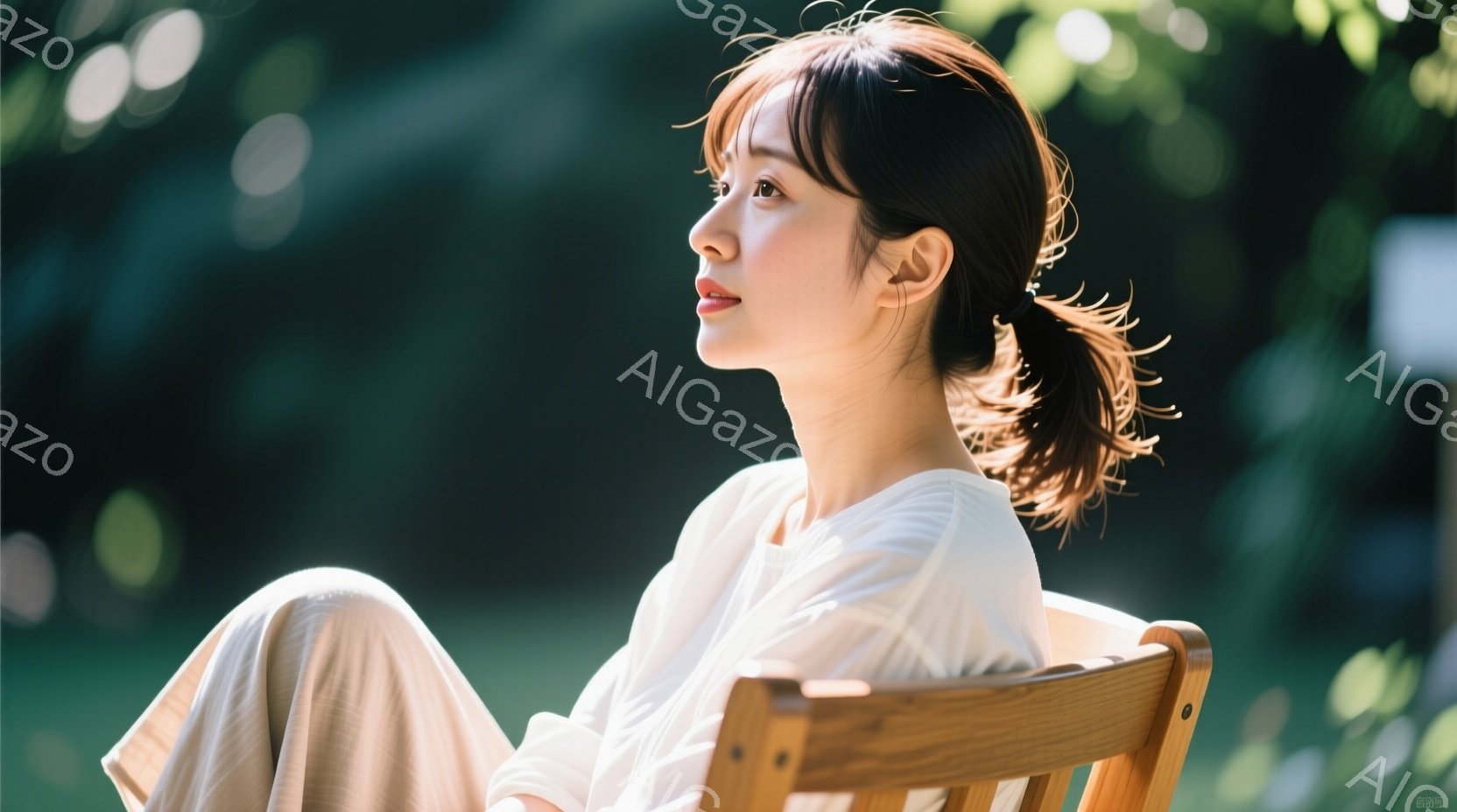 若い女性が木製の椅子に座り、何かを物思いに浸らせているように見える。彼女はオフホワイトのゆったりとしたシャツを着ており、髪は後ろで緩くまとめられている。背景には緑豊かな自然が広がり、光が差し込んで穏やかな雰囲気を醸し出している。