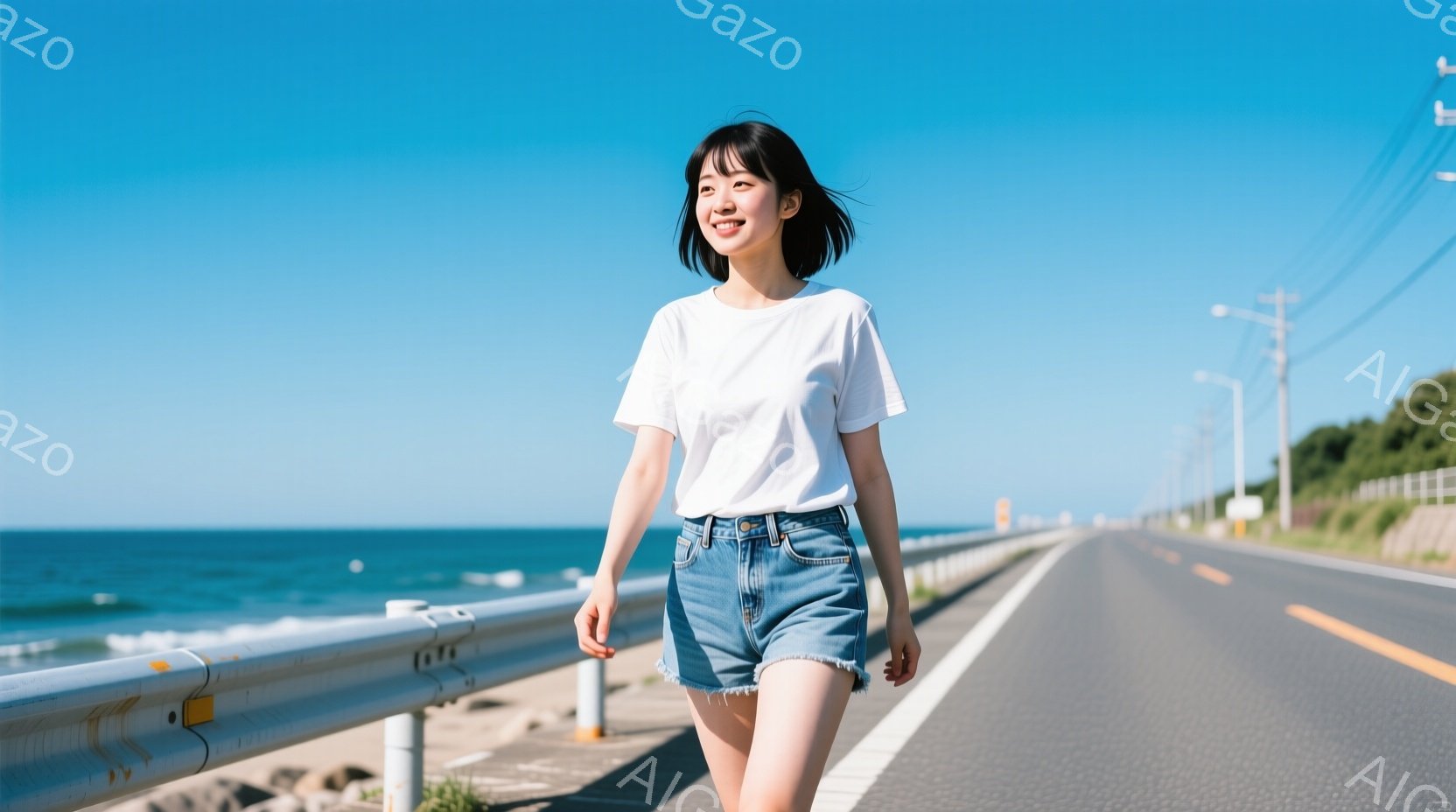 若い女性が海岸沿いの道路を歩いている。白いTシャツとデニムのショートパンツを着用し、少し微笑んだ表情でカメラを見ている。背景には青い海と空、そして緑の草地が広がり、晴天の暖かい日であることがわかる。