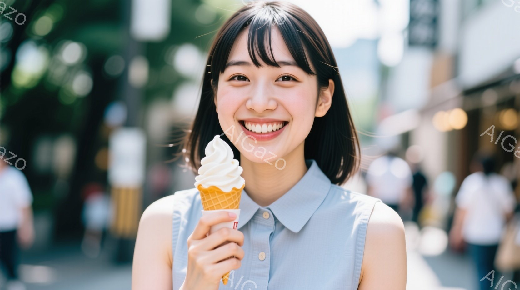 若い女性がアイスクリームを手に微笑んでいます。彼女は水色のボタンダウンシャツを着ており、前髪を活かしたショートヘアです。背景にはぼやけた街並みが広がり、晴れた日の穏やかな雰囲気が伝わってきます。