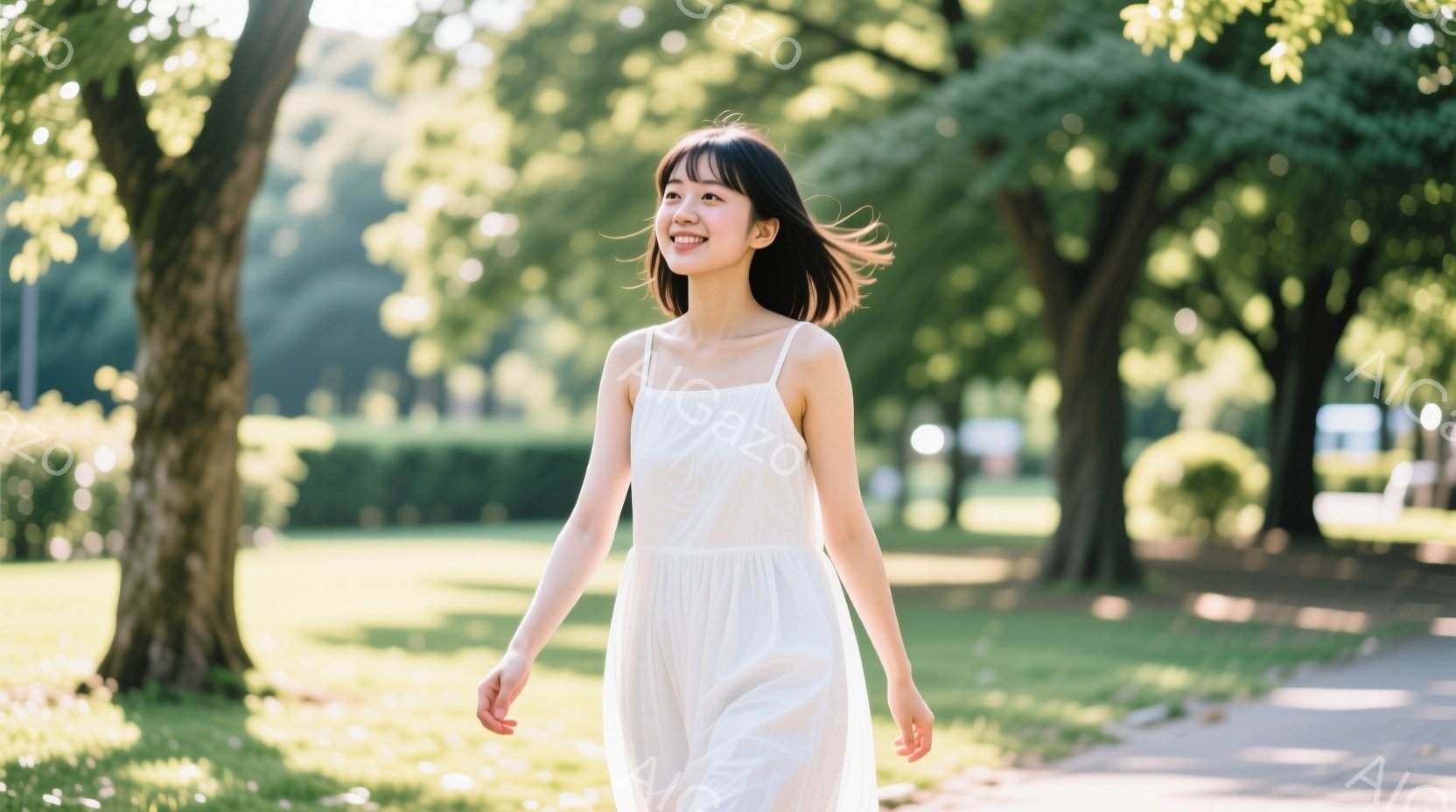 白いワンピースを着た若い女性が、緑豊かな公園の道を歩いている。彼女は黒髪で、少し微笑んでおり、リラックスした表情をしている。背景には高い木々と緑の芝生が広がり、晴れた日の穏やかな雰囲気が感じられる。 - AI生成フリー素材