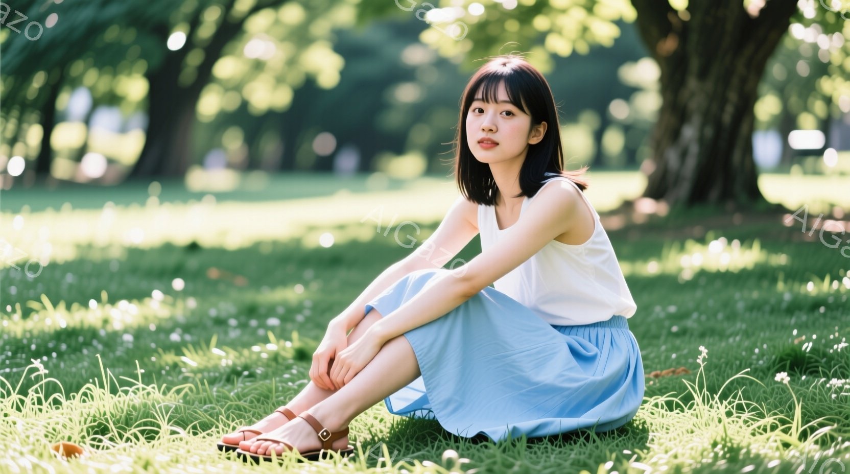 若い女性が青々とした草の上に座っており、白いタンクトップと水色のスカートを身に着けている。彼女は少し微笑んでおり、リラックスした表情で、茶色のサンダルを履いている。背景には木々が生い茂り、柔らかな日差しが降り注ぎ、穏やかで平和な雰囲気を醸し出している。