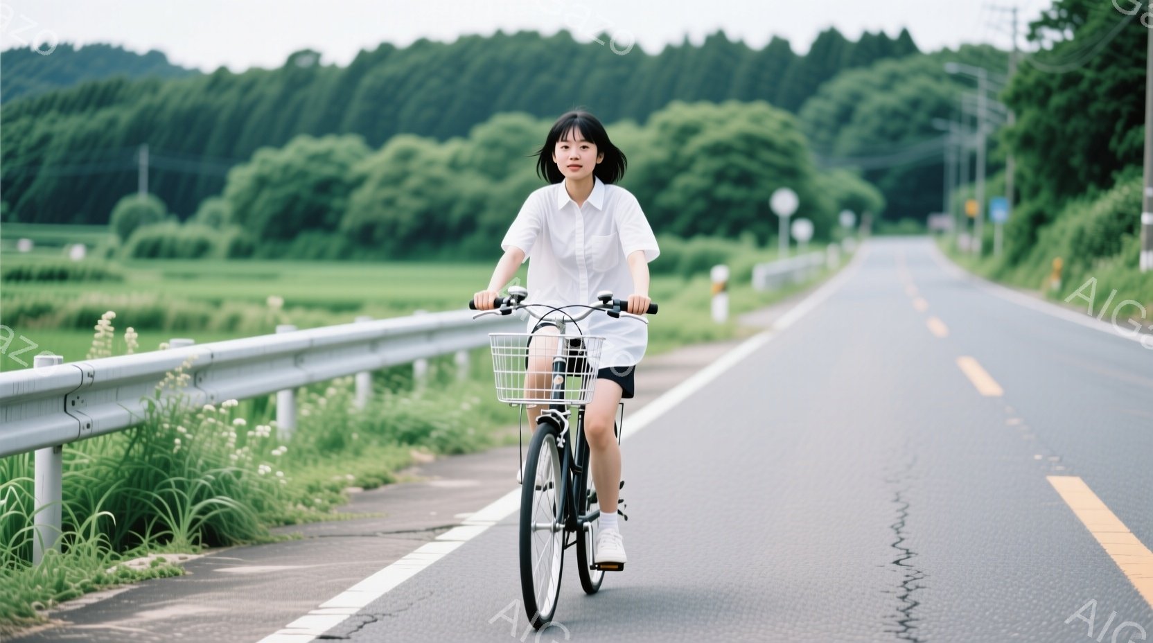 若い女性が自転車に乗ってアスファルトの道路を走っている。白いシャツと黒いショートパンツ、白いスニーカーを着用し、黒髪を肩まで伸ばしている。背景には緑豊かな田園風景が広がり、晴れた空の下、穏やかな夏の雰囲気が感じられる。