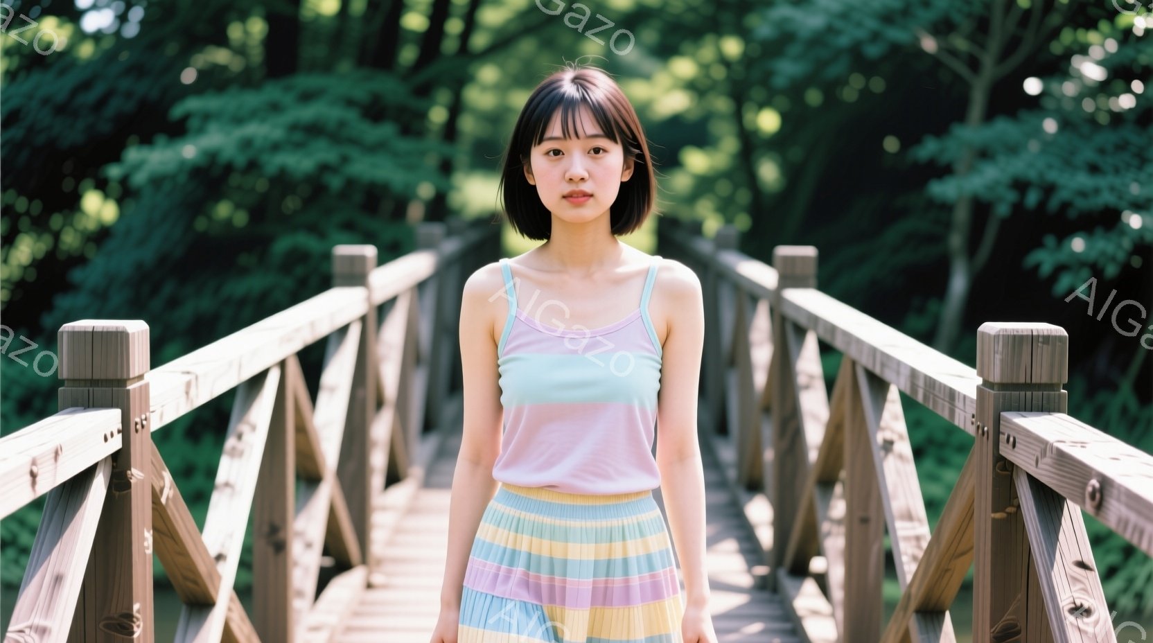 若い女性が木製の橋の上に立っている。彼女はパステルカラーのタンクトップと、虹色のプリーツスカートを着ており、黒髪のショートボブヘアで、表情は穏やかだ。背景には緑豊かな木々が生い茂り、晴れた日の穏やかな雰囲気が漂っている。