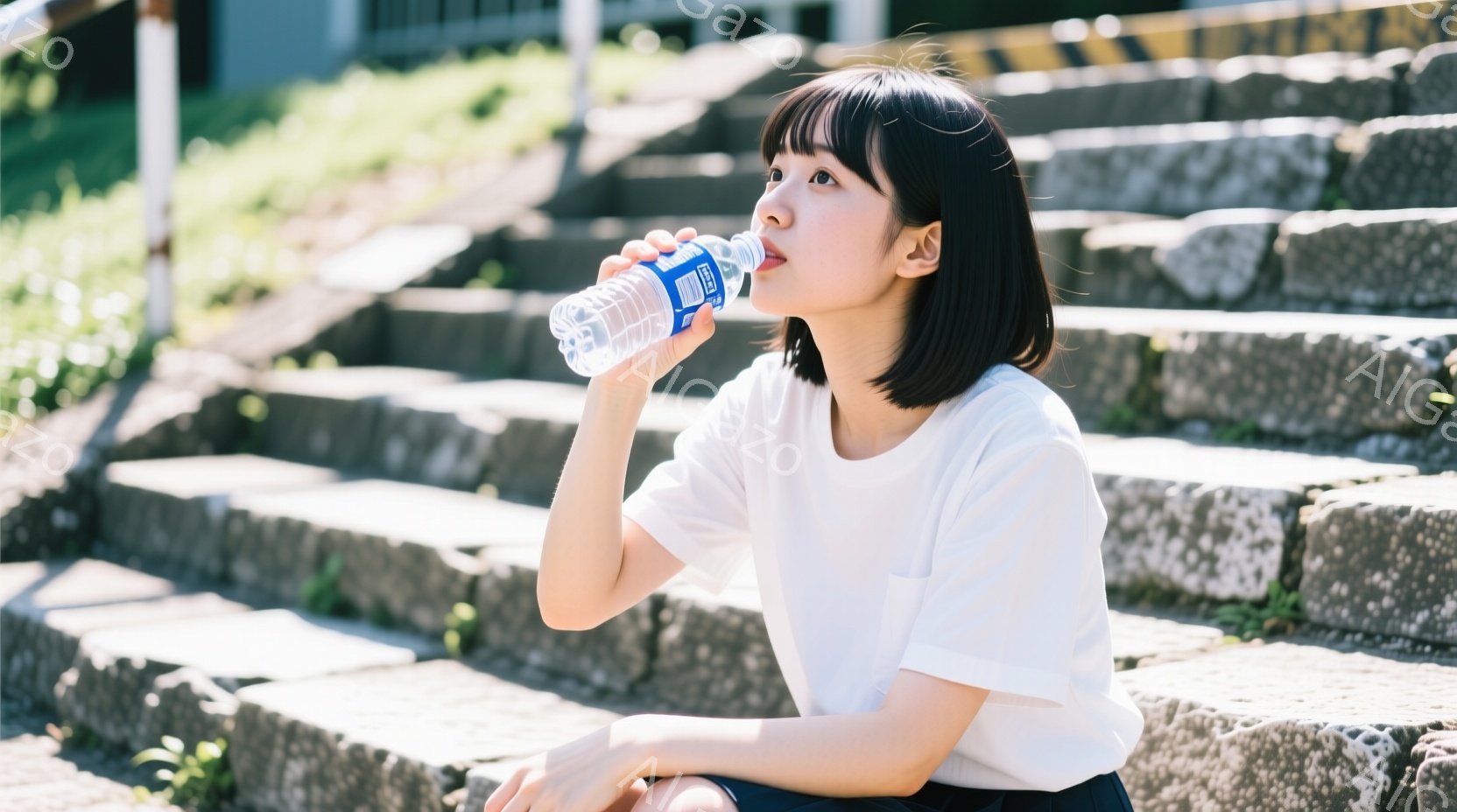 黒髪のショートヘアの女性が階段に座り、ペットボトルから水を飲んでいます。白いTシャツと濃い色のズボンを着用し、リラックスした表情で少し上を見上げています。背景には石の階段が続き、緑豊かな植物が見え、晴 - AI生成フリー素材