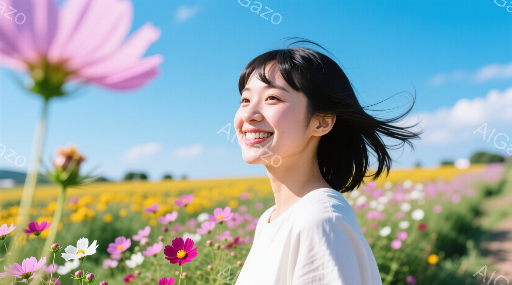 黒髪の女性がコスモス畑で微笑んでいます。白いトップスを着ており、髪は風になびいて、表情は明るく、幸せそうです。背景には、ピンク、白、紫のコスモスが広がり、晴れた空の下で、穏やかで心地よい雰囲気が漂っています。