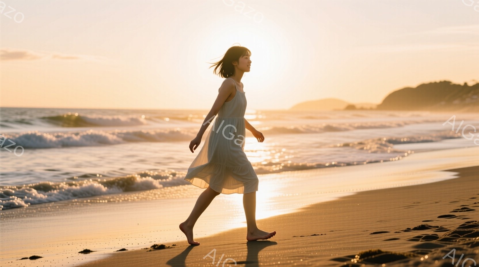 砂浜を裸足で歩く女性が写っている。彼女はクリーム色のワンピースを着ており、髪は肩のあたりで軽くウェーブがかかっている。背景には穏やかな波と夕焼けの空が広がり、温かくノスタルジックな雰囲気を醸し出している。