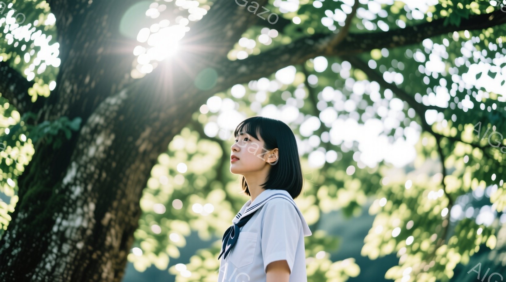 短い黒髪の少女が、白いブラウスとネクタイの制服を着て、少し上を見ている。彼女は横顔で、穏やかな表情をしており、木々の緑と逆光の中で、少し憂いを帯びた雰囲気を漂わせている。背景には大きな木とぼやけた緑が広がり、暖かい日差しが差し込む、静かで穏やかな情景が広がっている。