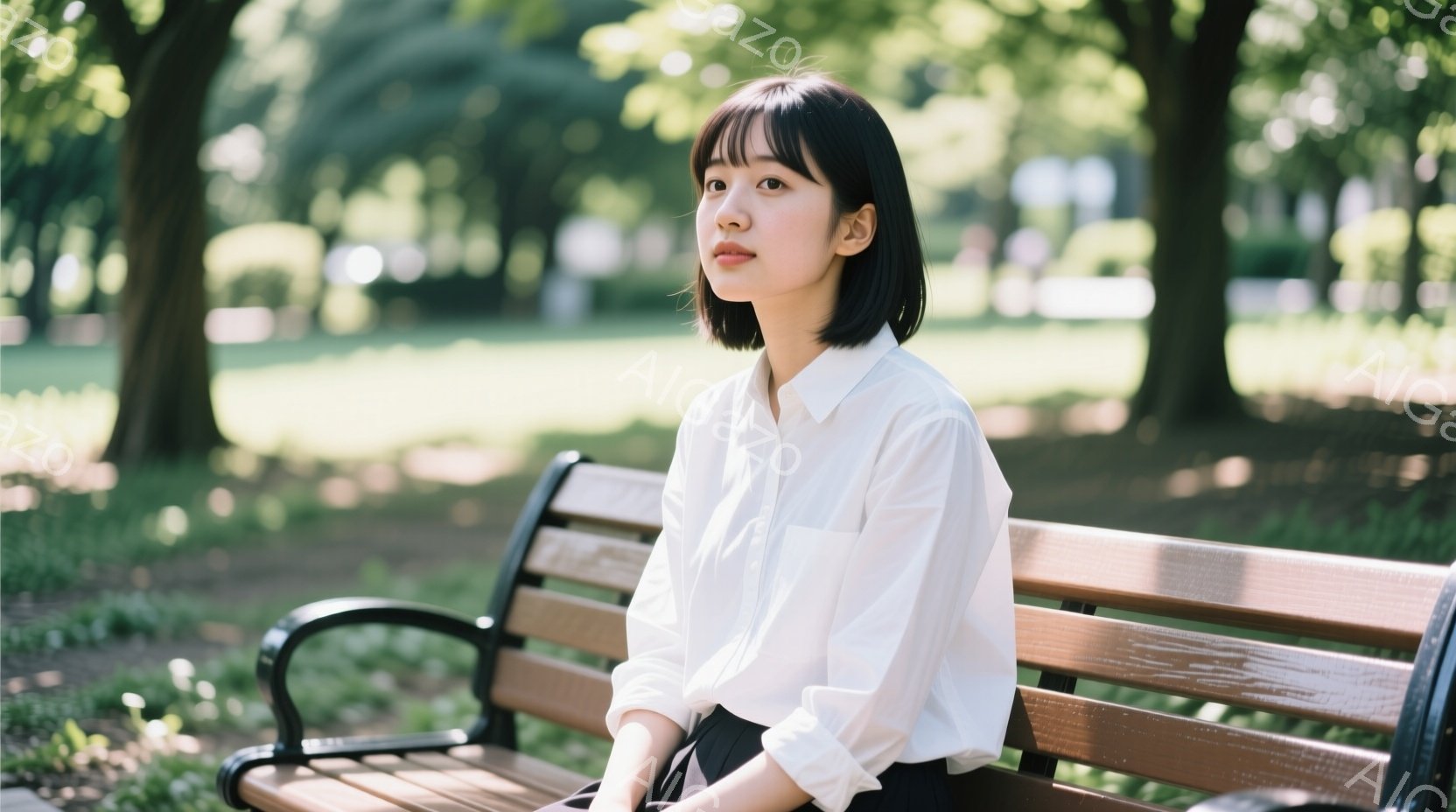 短い黒髪の女性が公園のベンチに座っており、白いシャツと濃い色のボトムスを着用している。彼女はわずかに横を向き、穏やかで少し物憂げな表情をしている。背景には緑豊かな木々が生い茂り、日差しが差し込んで明るく、平和な雰囲気を醸し出している。