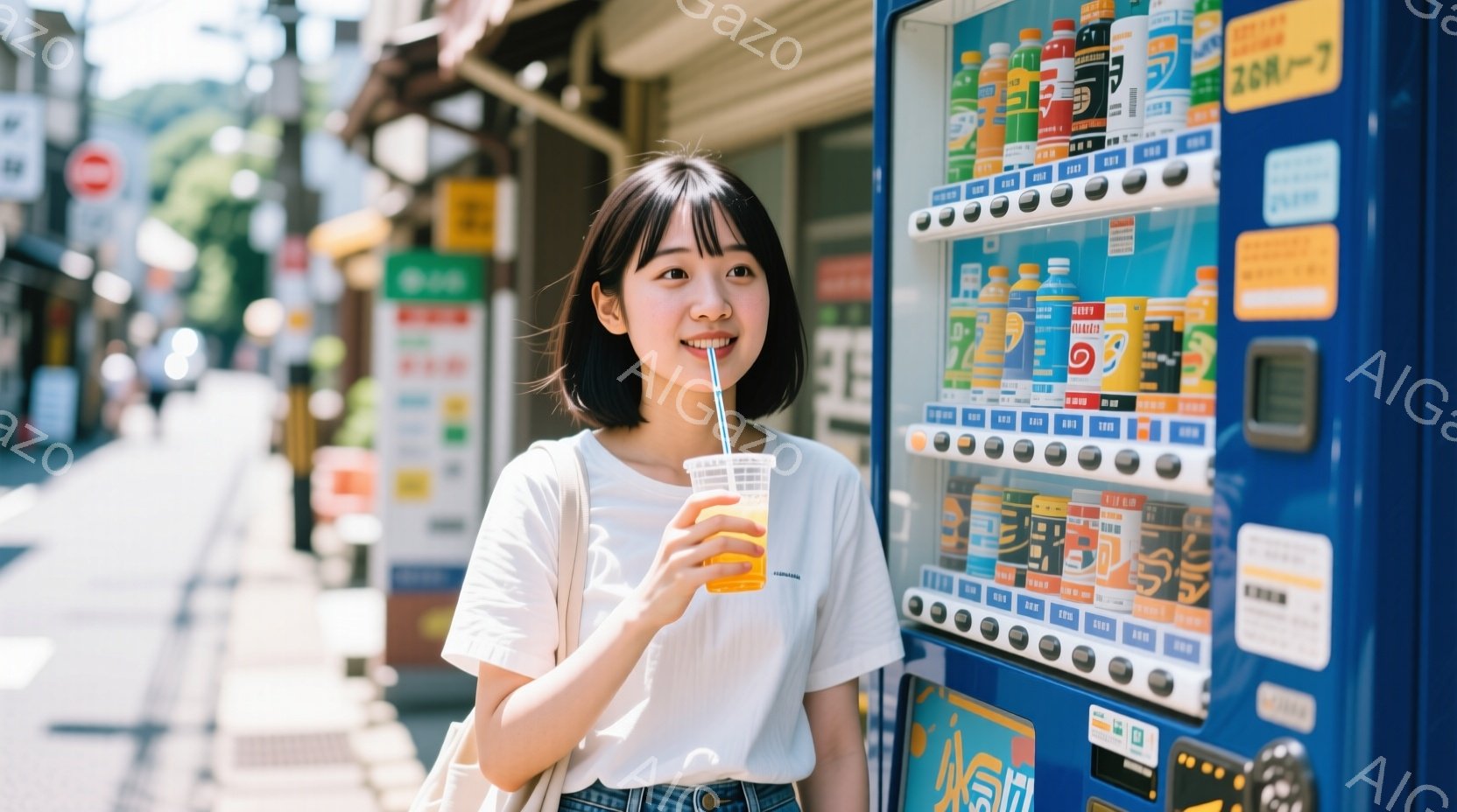 若い女性が自動販売機の前に立ってオレンジジュースを飲んでいます。白いTシャツにストレートの黒髪で、少し微笑んでおり、リラックスした表情です。背景には建物が見え、晴天で明るい日差しが差し込んでいることから、暖かい春または夏の日のようです。