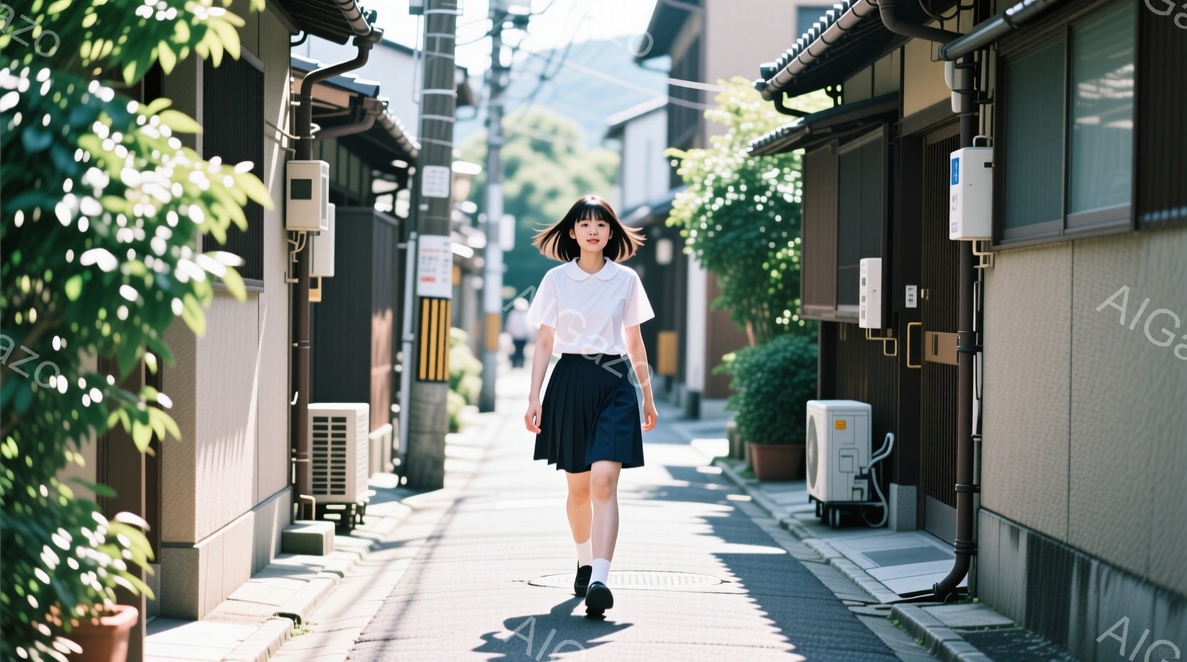 制服姿の少女が、狭い路地を正面から歩いてきている。白いブラウスと紺色のプリーツスカート、白いソックスと黒い靴を履いており、短い黒髪は肩にかかる程度で、表情ははっきりとは見えないが、前を見据えている。路地の両脇には木造の建物が密集し、緑が生い茂っており、晴れた日の穏やかな雰囲気が漂っている。