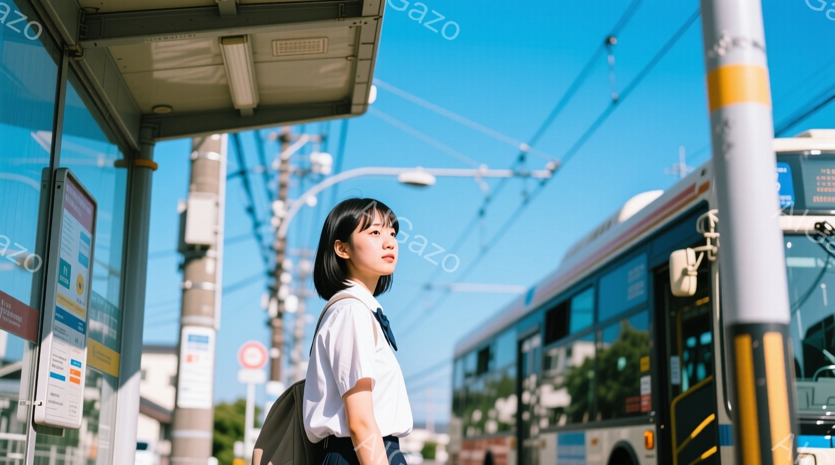 画像には、制服姿の若い女性が描かれています。彼女は黒髪ショートボブで、白いブラウスと紺色のスカート、そしてリュックサックを背負っています。背景にはバス停とバス、そして晴天の空が広がり、どこか懐かしい、青春のような雰囲気を醸し出しています。