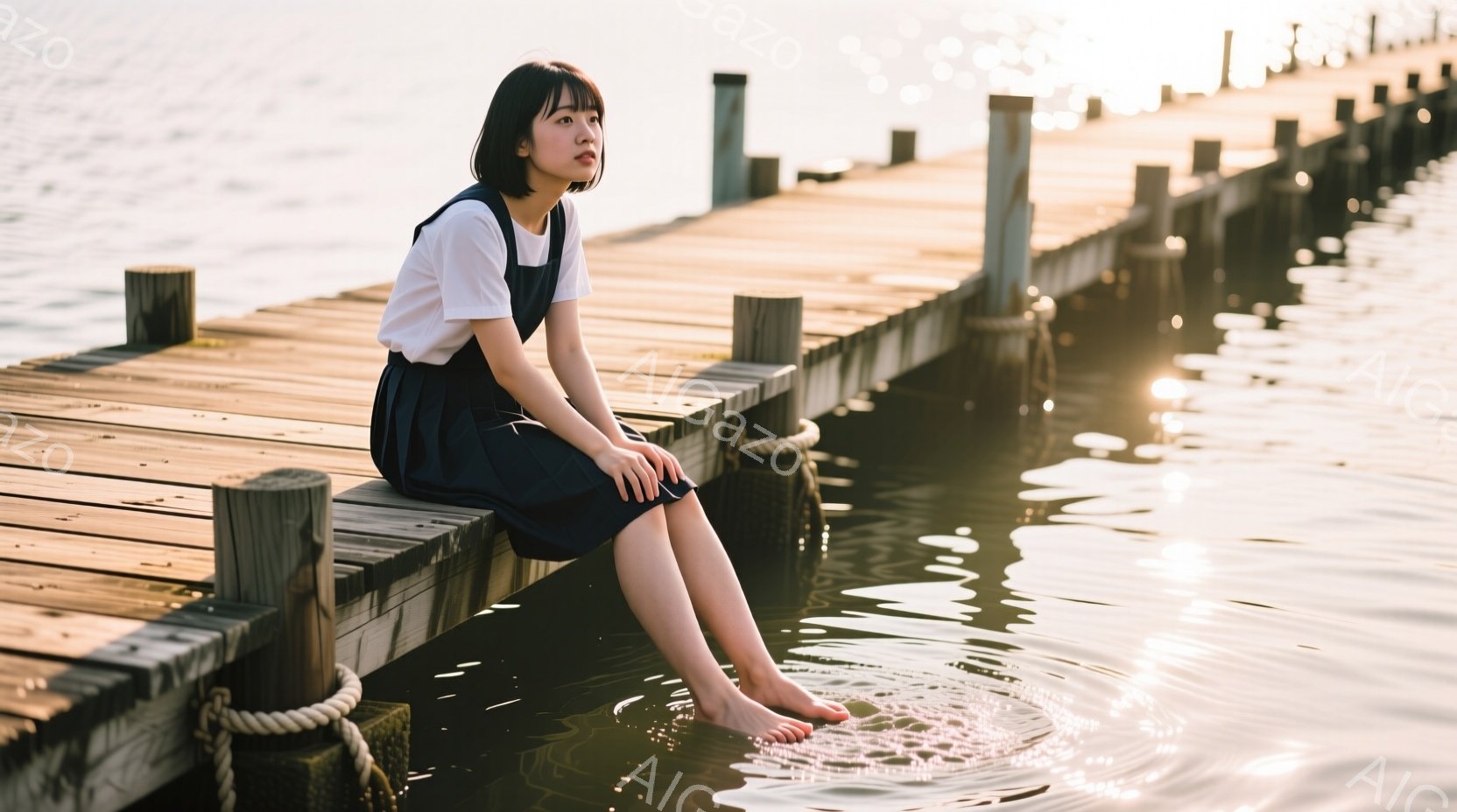 短い黒髪の女性が桟橋に座り、足を水に浸しています。白いTシャツと濃い青色のスカートを着用しており、どこか物憂げな表情をしています。背景には穏やかな水面と、薄明るい光が差し込む空が広がり、静かで穏やかな雰囲気が漂っています。