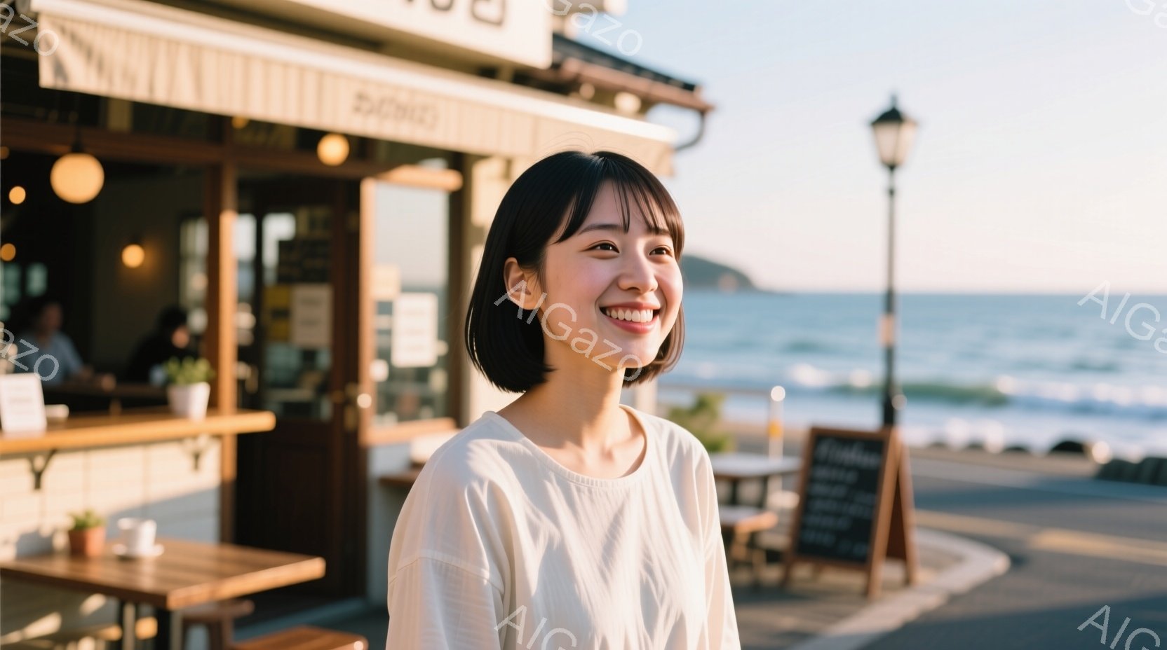 短い黒髪の女性が微笑んでおり、白いブラウスを着ています。彼女は少し体を傾け、リラックスした姿勢で立っています。背景には海とカフェがあり、暖かく穏やかな雰囲気が漂っています。