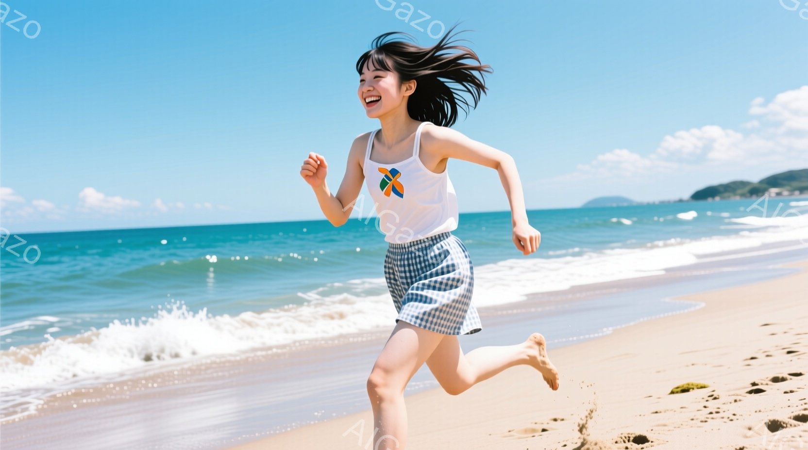長い黒髪を後ろになびかせながら、女性が砂浜を走っている。白いタンクトップにチェック柄のショートパンツを着用し、顔には笑顔が輝いている。背景には青い海と空、遠くに見える緑の山々があり、晴れた日の爽やかな - AI生成フリー素材
