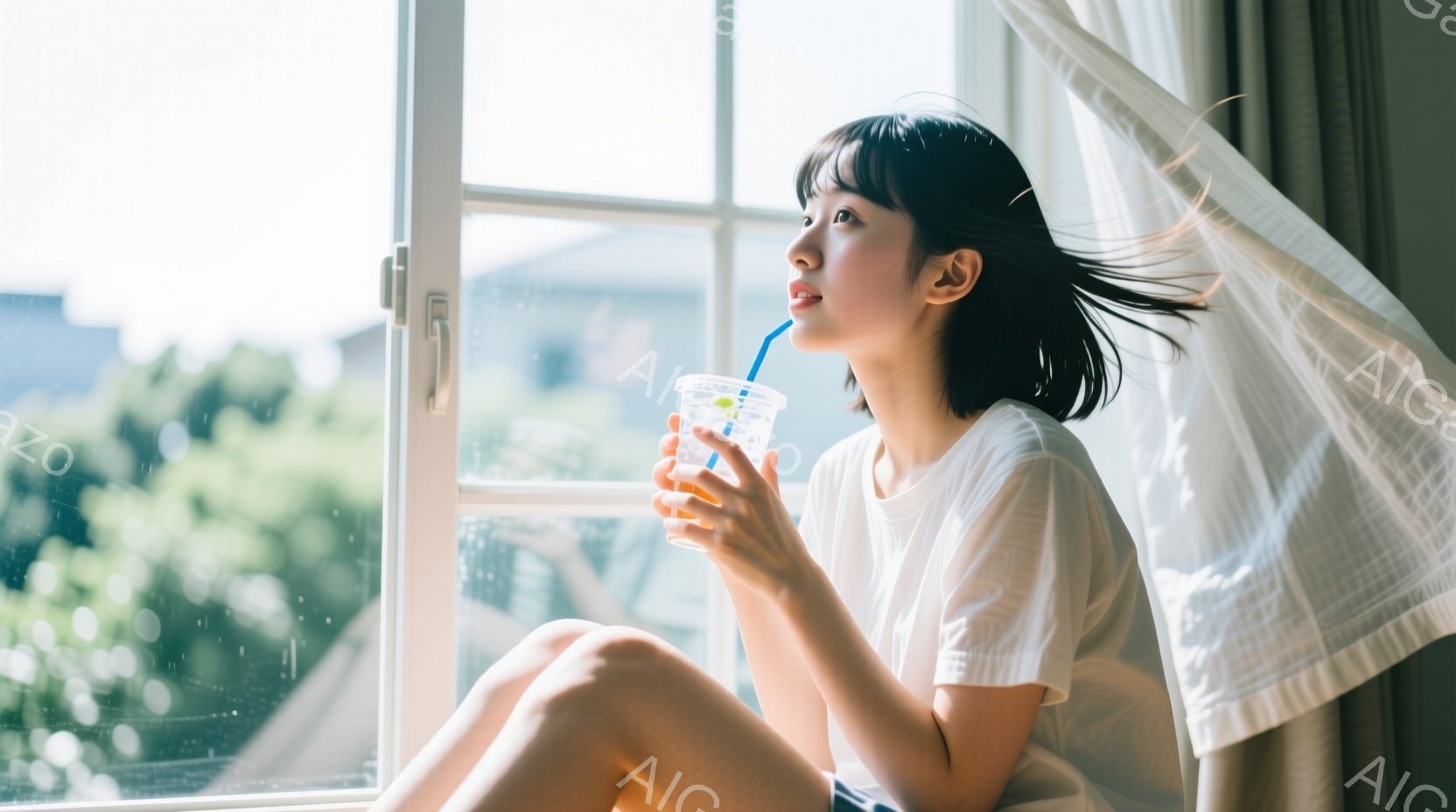 短い黒髪の女性が窓際に座り、飲み物を飲んでいます。白いTシャツを着て、リラックスした表情で遠くを見つめています。窓の外には緑豊かな木々が見え、晴れた日の穏やかな雰囲気が漂っています。